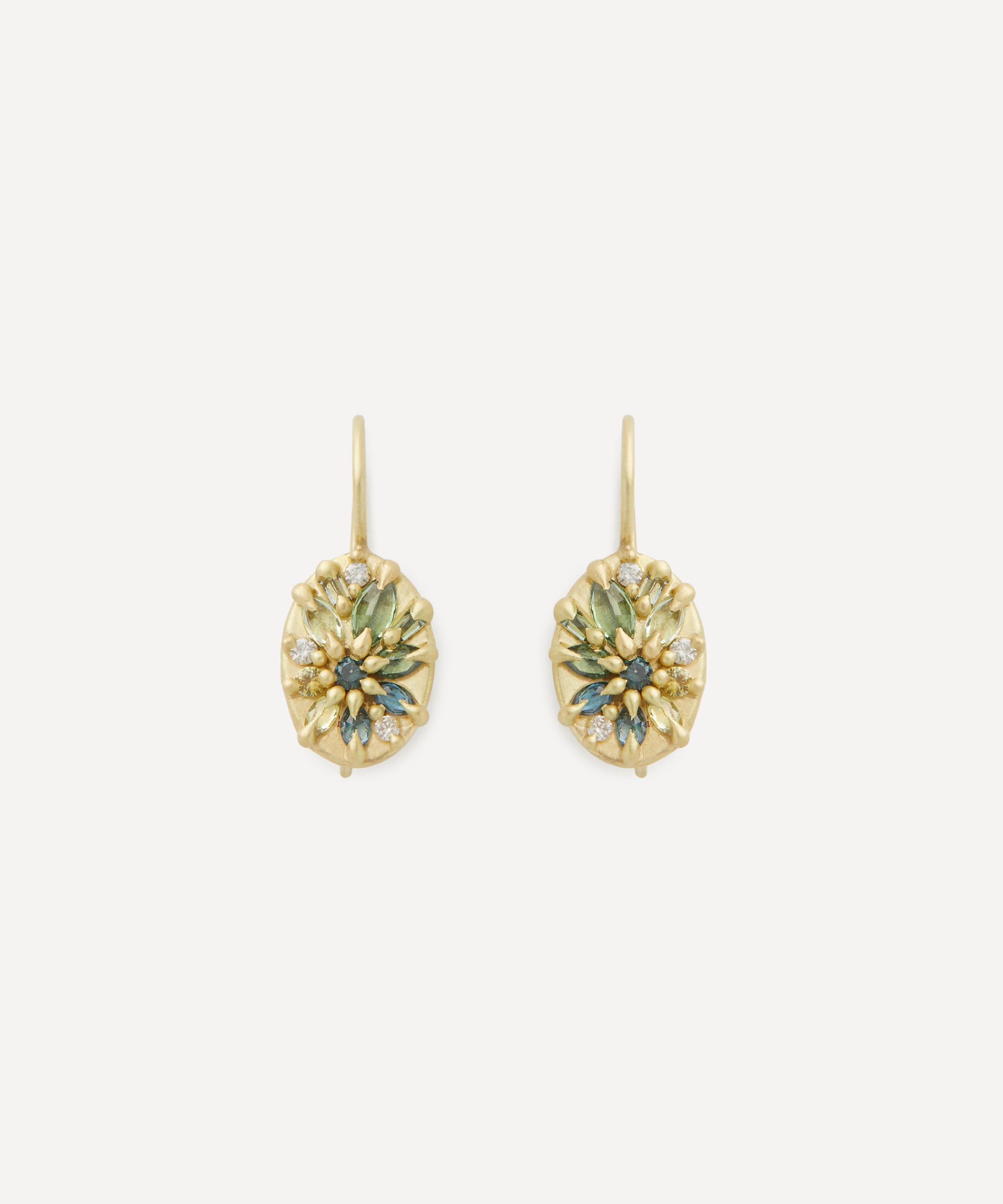 Polly Wales - 18ct Gold Green Lotus Drop Earrings image number 0