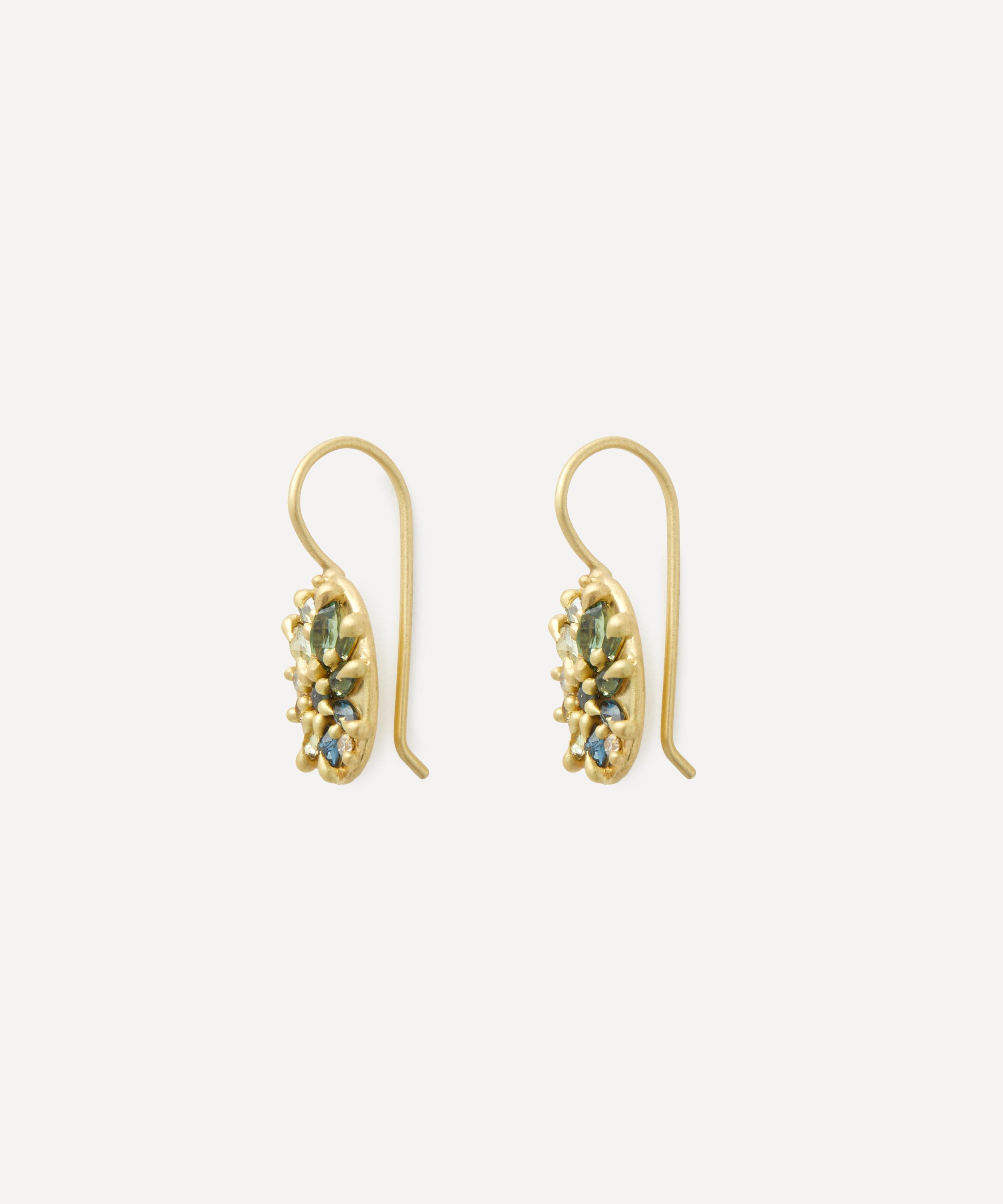 Polly Wales - 18ct Gold Green Lotus Drop Earrings image number 1