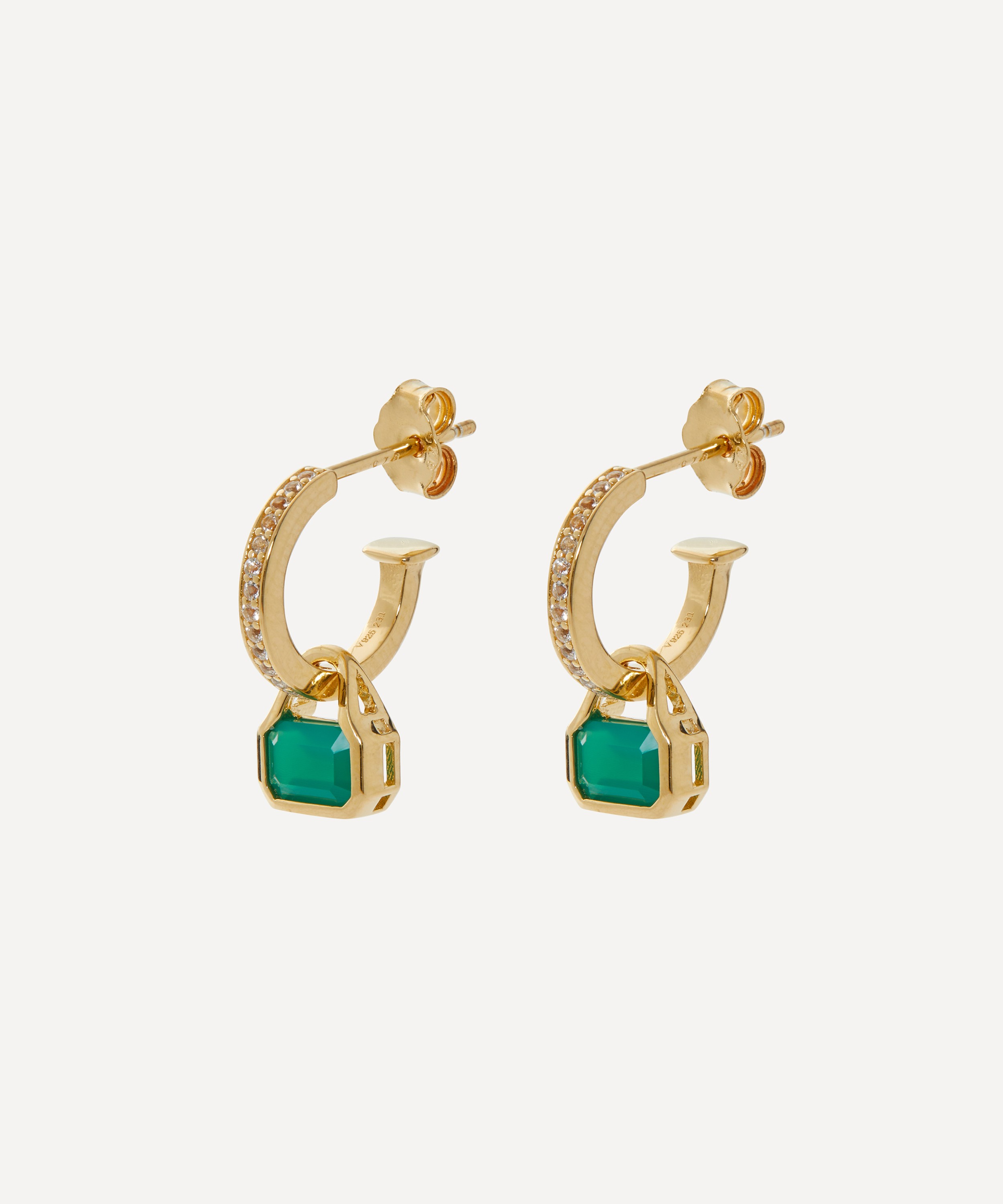 V by Laura Vann - 18ct Gold-Plated Vermeil Silver Green Agate Charm Hoop Earrings image number 0