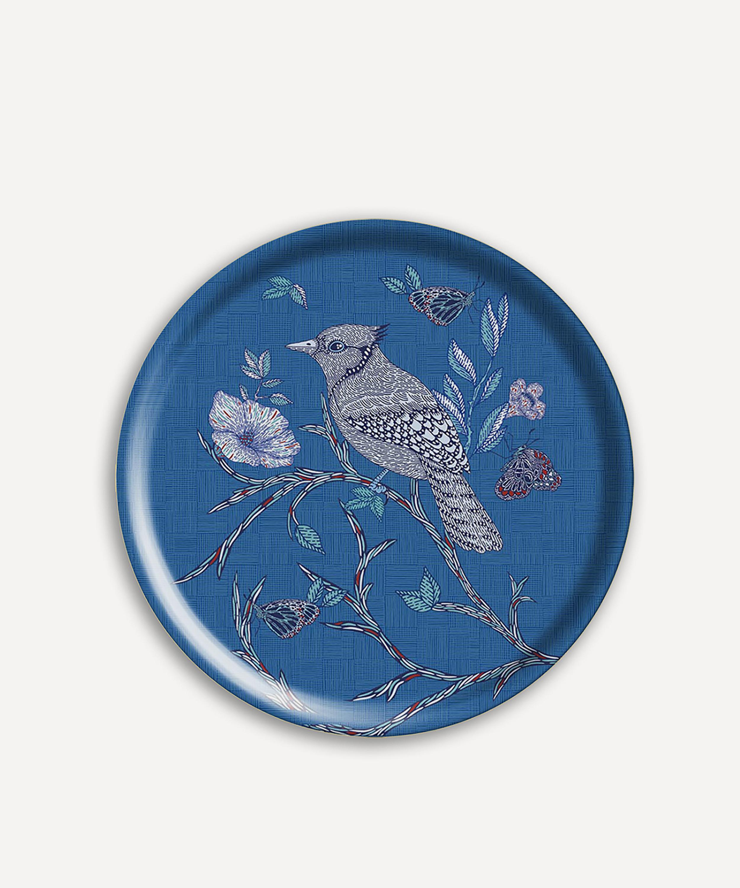 Avenida Home - Indigo Birds Small Round Birch Tray