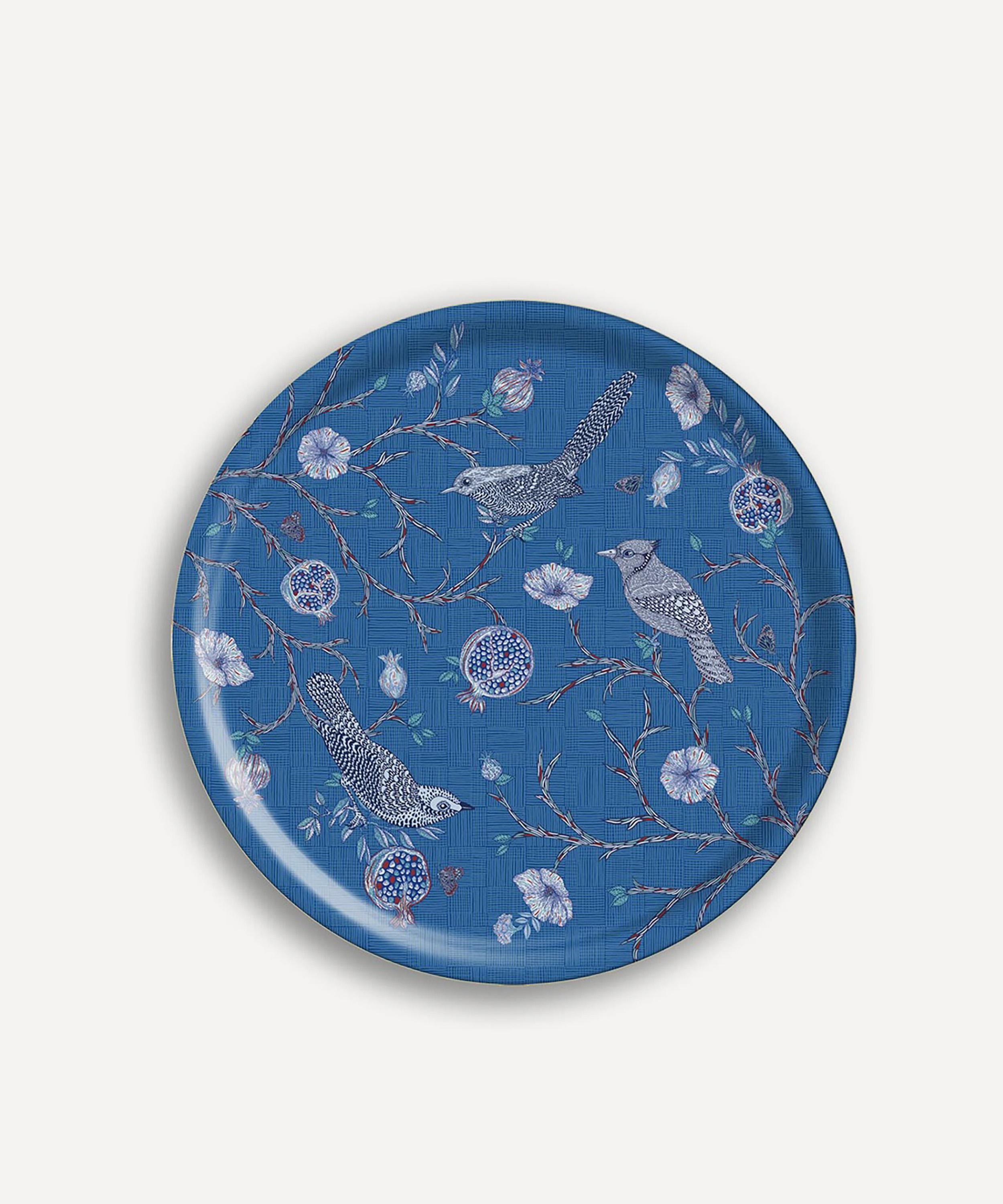 Avenida Home - Indigo Birds Large Round Birch Tray