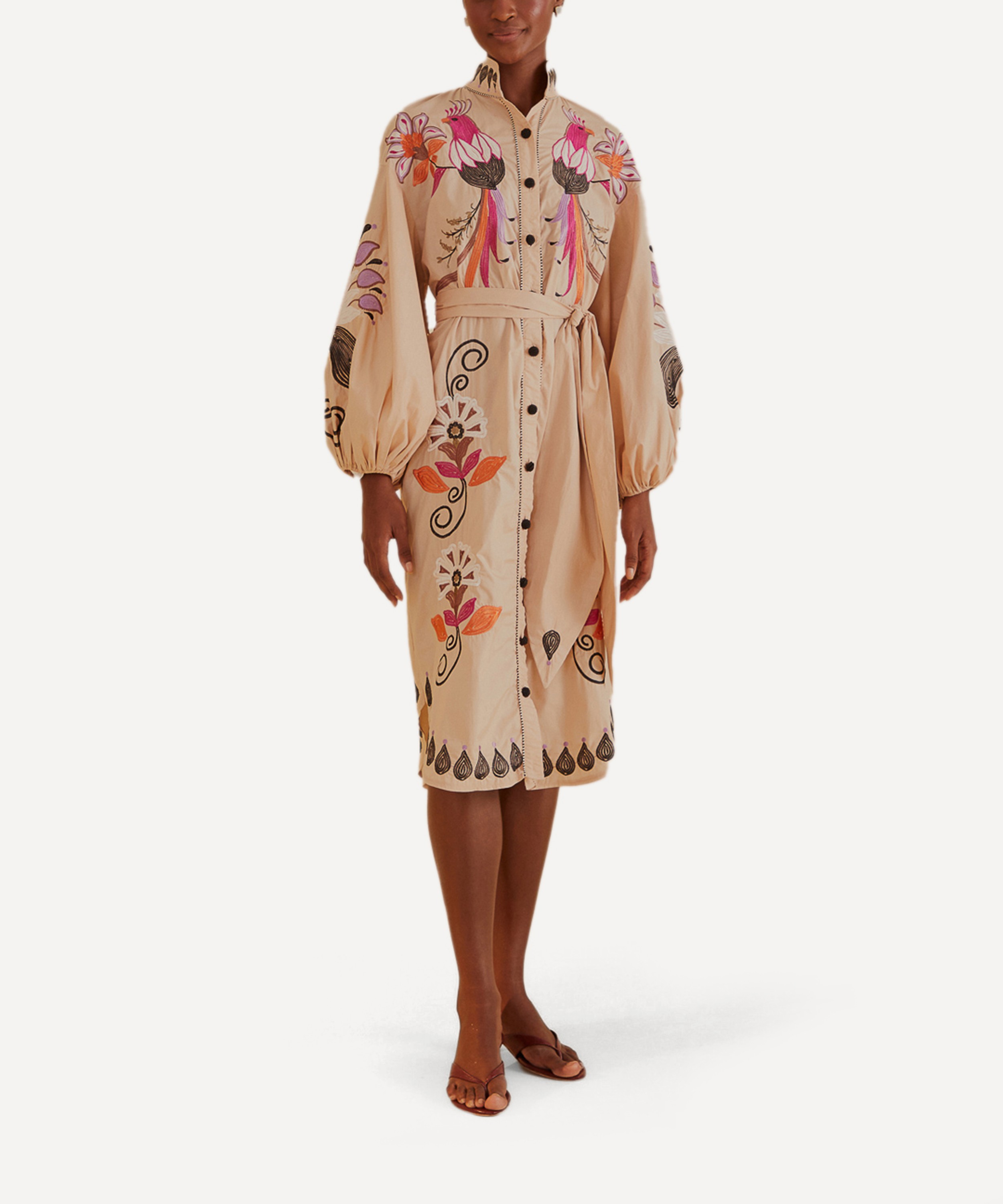 FARM Rio - Khaki Flower Bird Embroidered Midi Dress image number 0