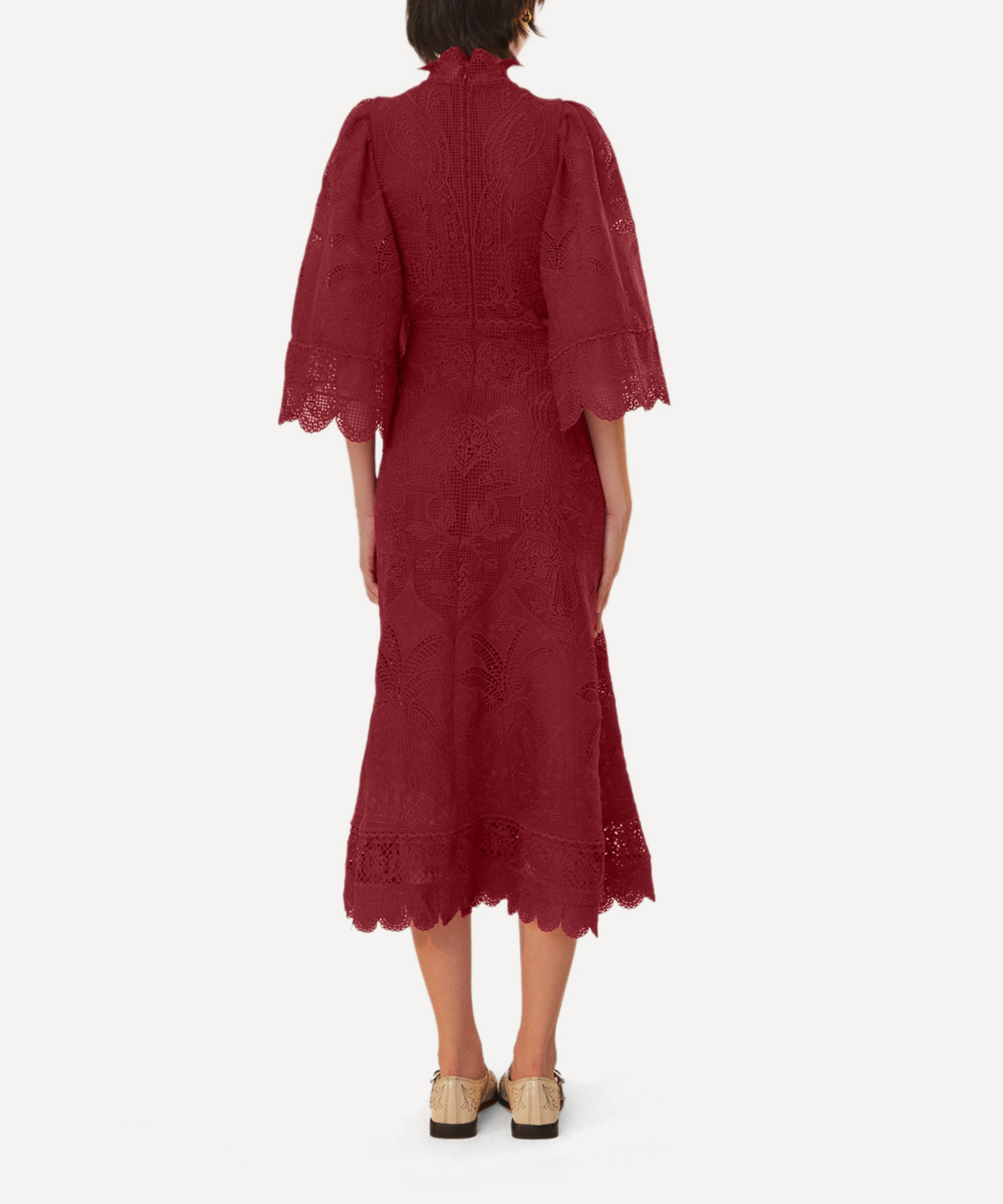 FARM Rio - Dark Magenta Guipure Cut Out Midi Dress image number 2