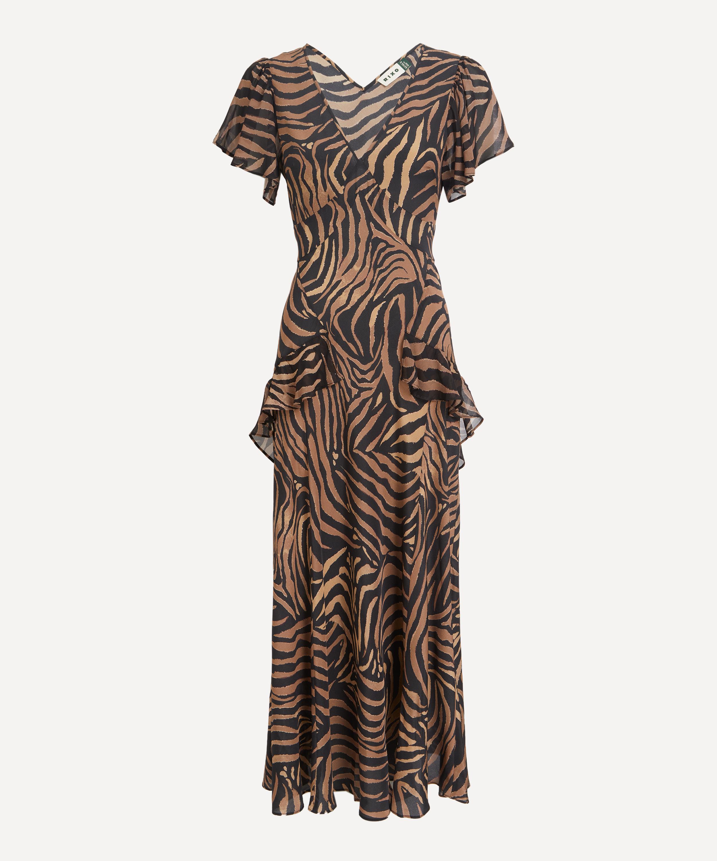 RIXO - Evie Silk Crepe de Chine Tiger Patchwork Midi Dress