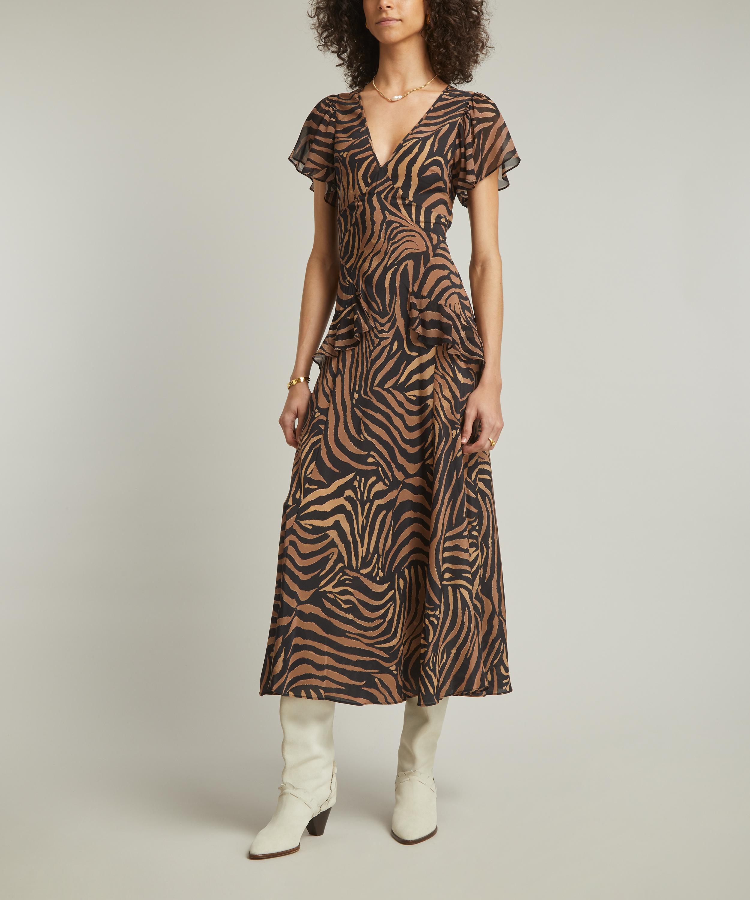 RIXO - Evie Silk Crepe de Chine Tiger Patchwork Midi Dress image number 2