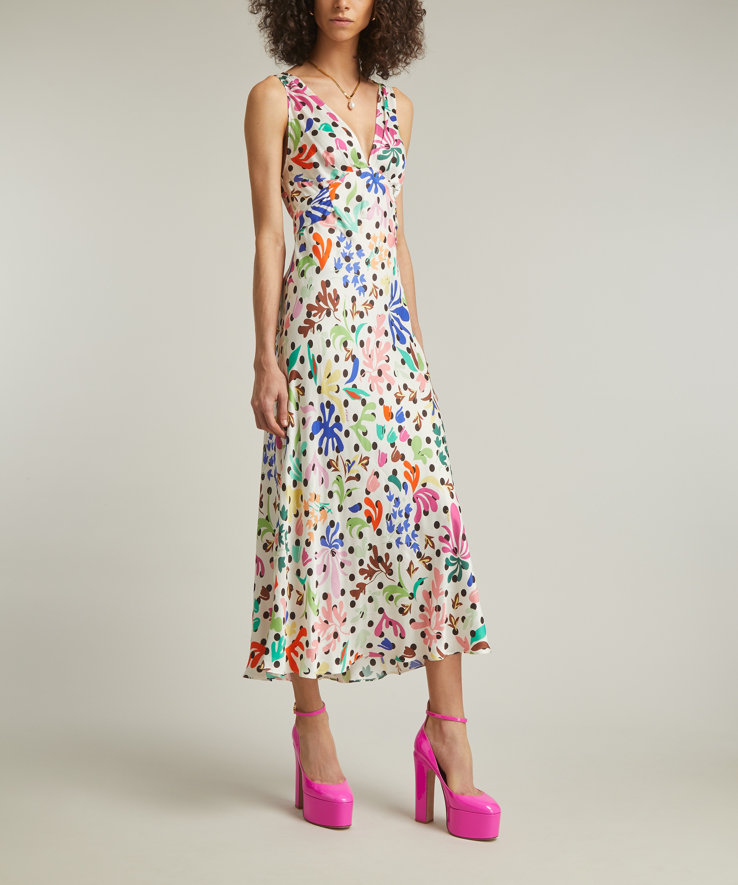 RIXO - Lauriane Floral Dot Ivory Silk Crepe de Chine Midi Dress image number 2