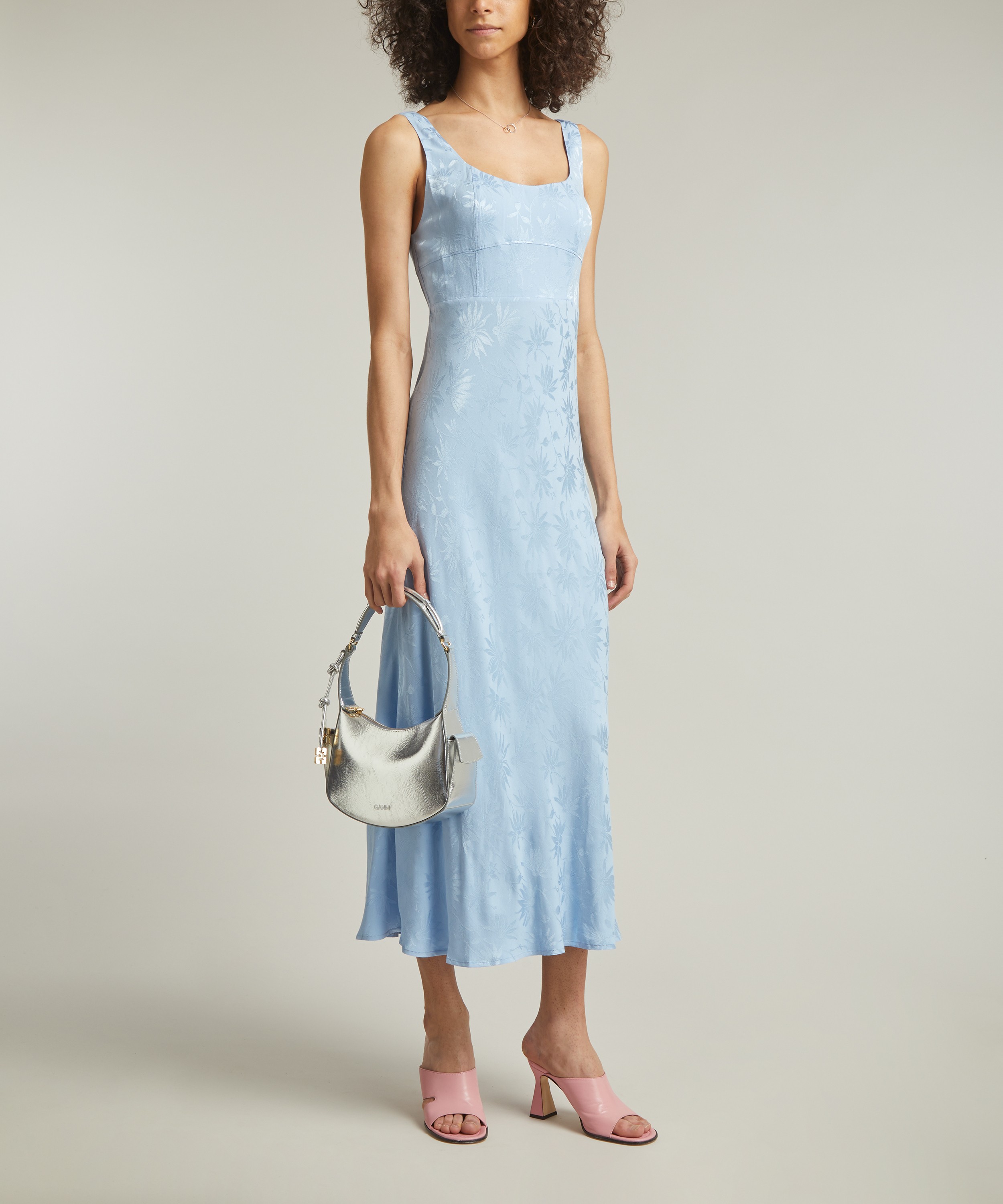 RIXO - Benedict Daisy Jacquard Cornflower Satin Midi Dress image number 1