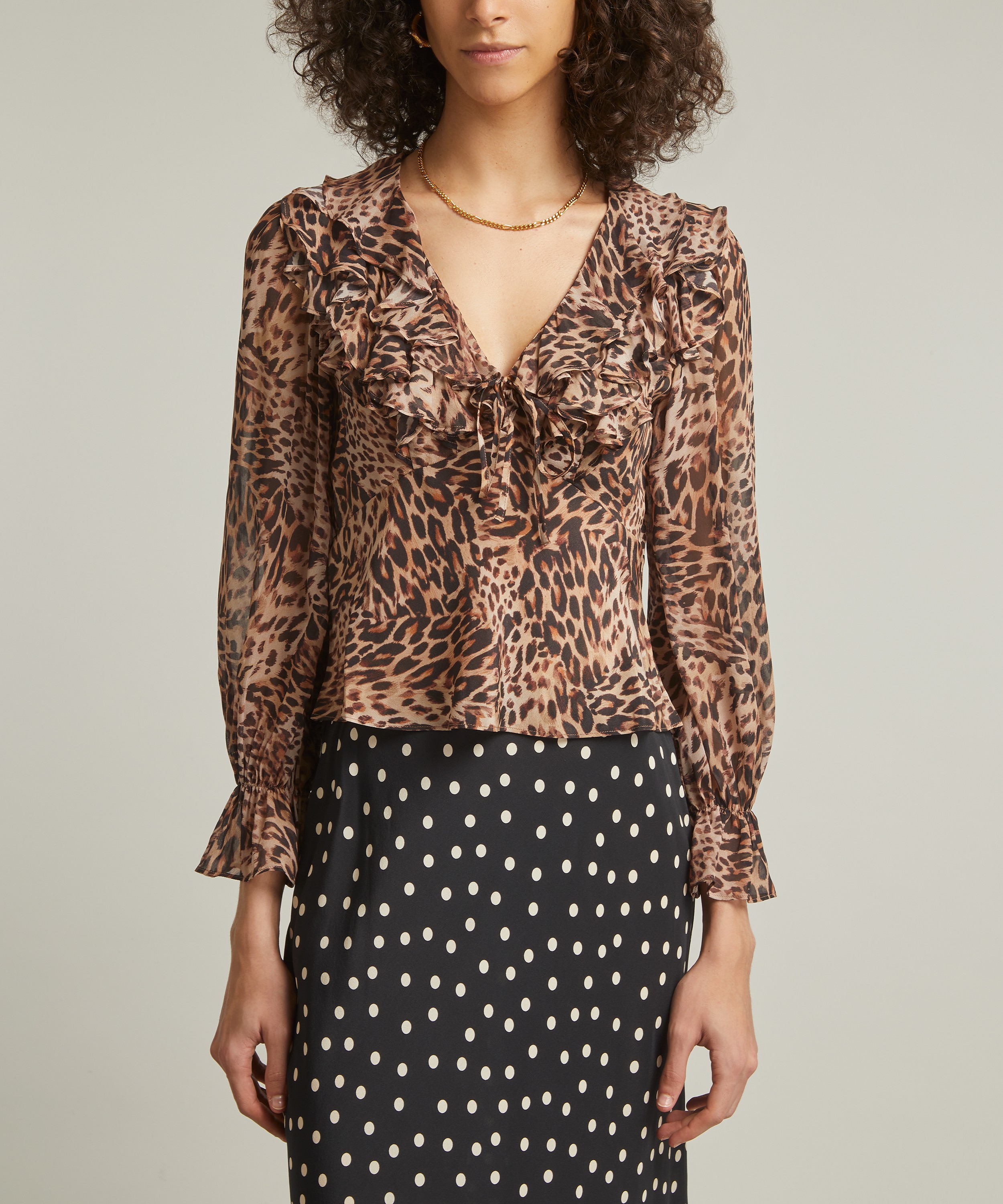 RIXO - Lasca Leopard Patchwork Brown Silk Blouse image number 2