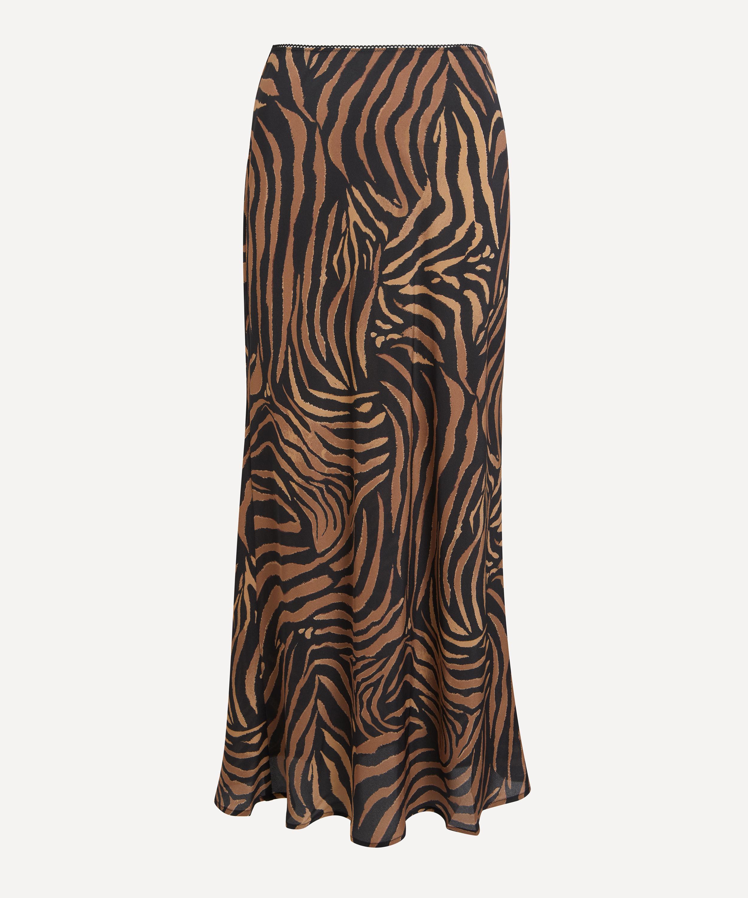 RIXO - Ardith Silk Crepe de Chine Tiger Patchwork Midi Skirt image number 0