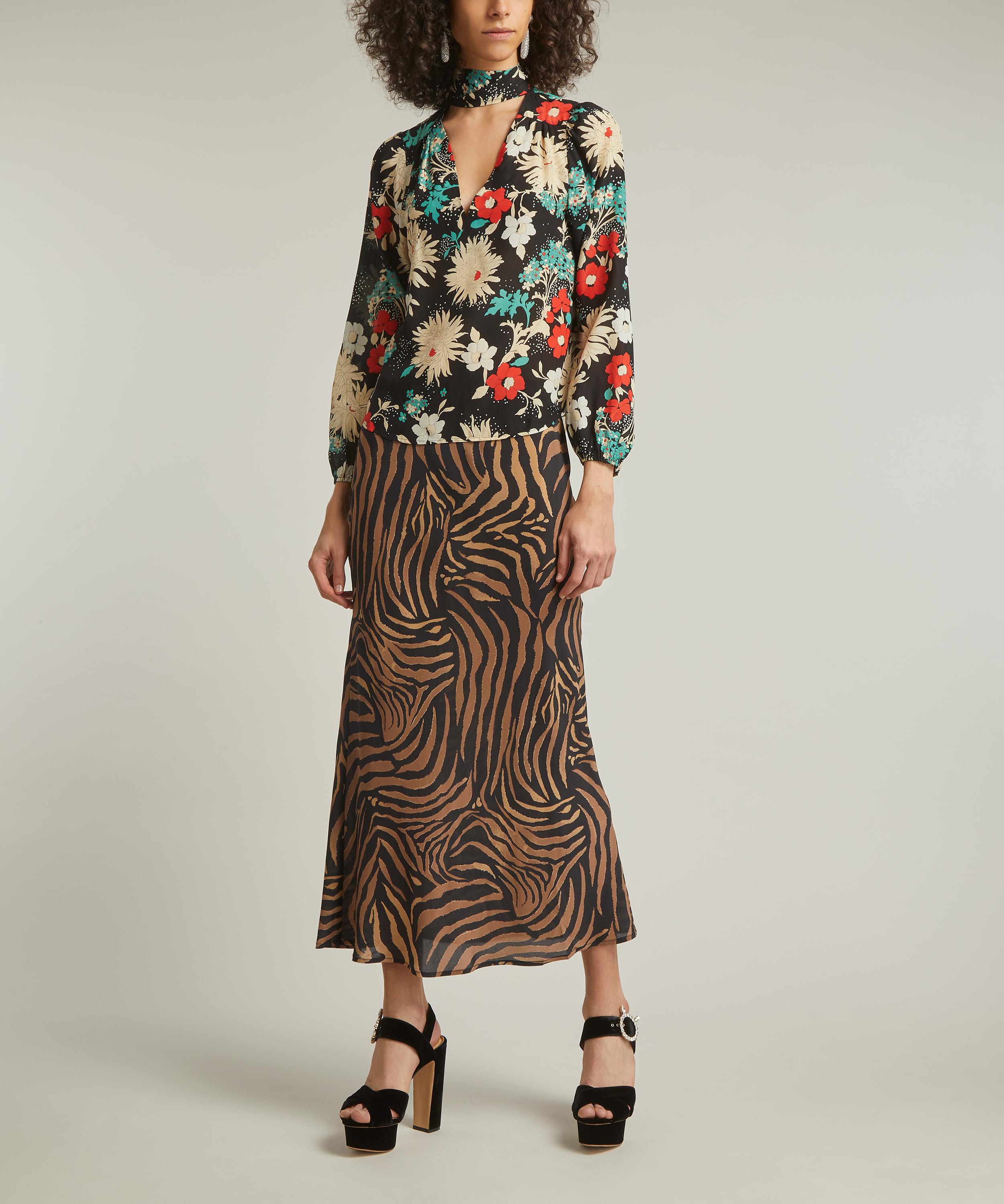 RIXO - Ardith Silk Crepe de Chine Tiger Patchwork Midi Skirt image number 1