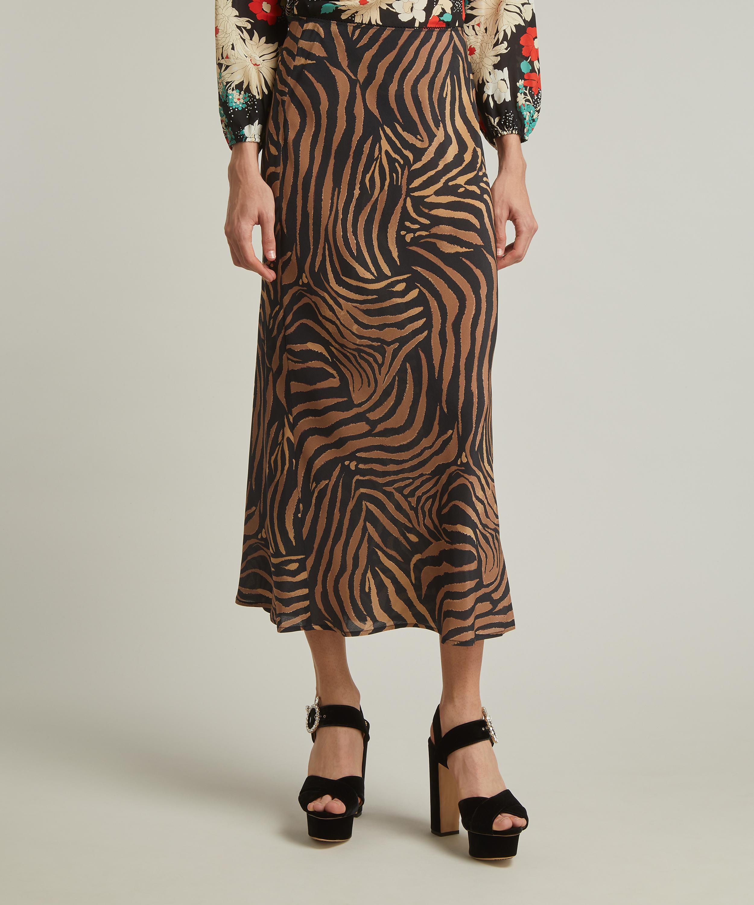 RIXO - Ardith Silk Crepe de Chine Tiger Patchwork Midi Skirt image number 2