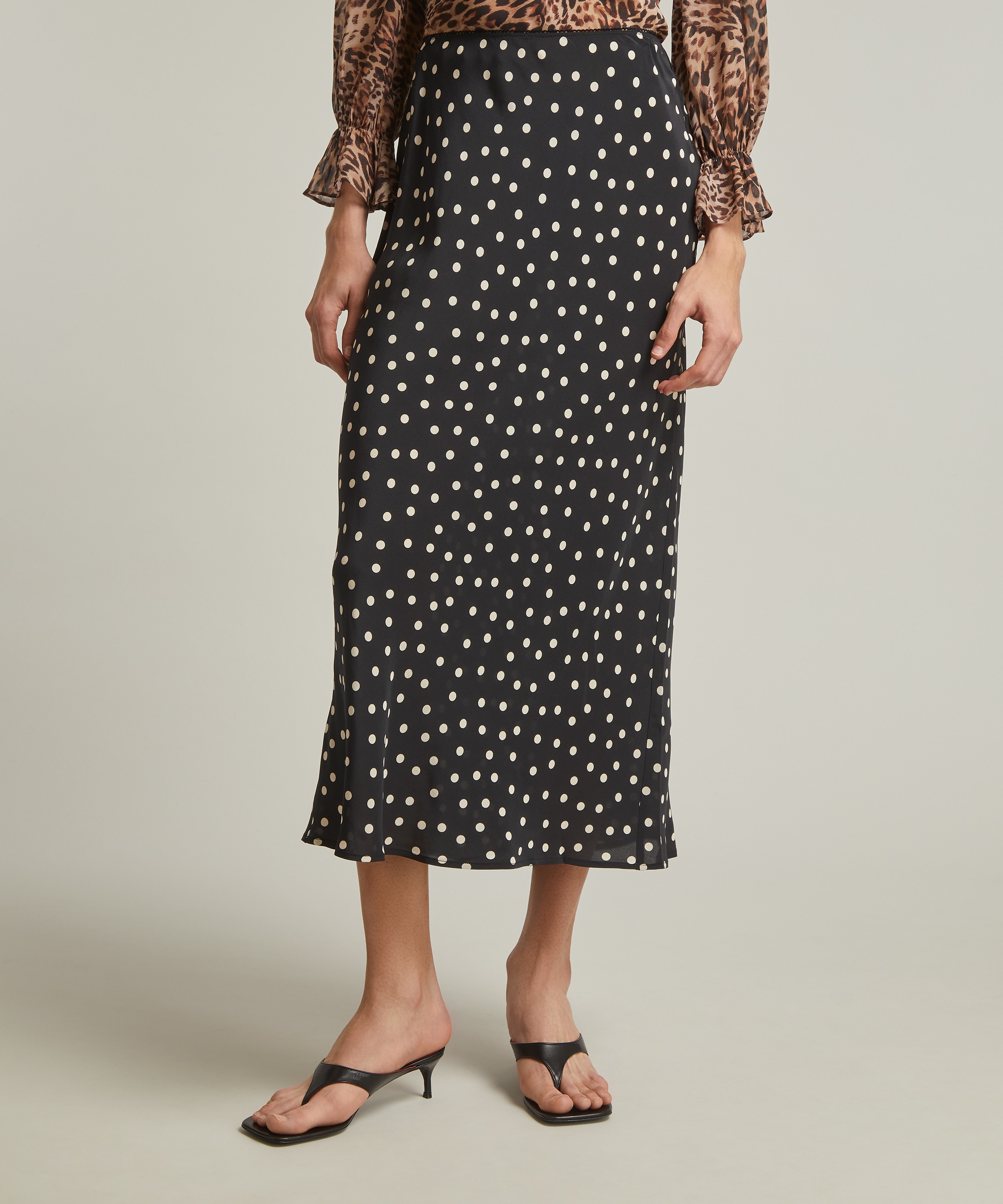 RIXO - Ardith Silk Crepe de Chine Bohemia Black Spot Midi Skirt image number 2