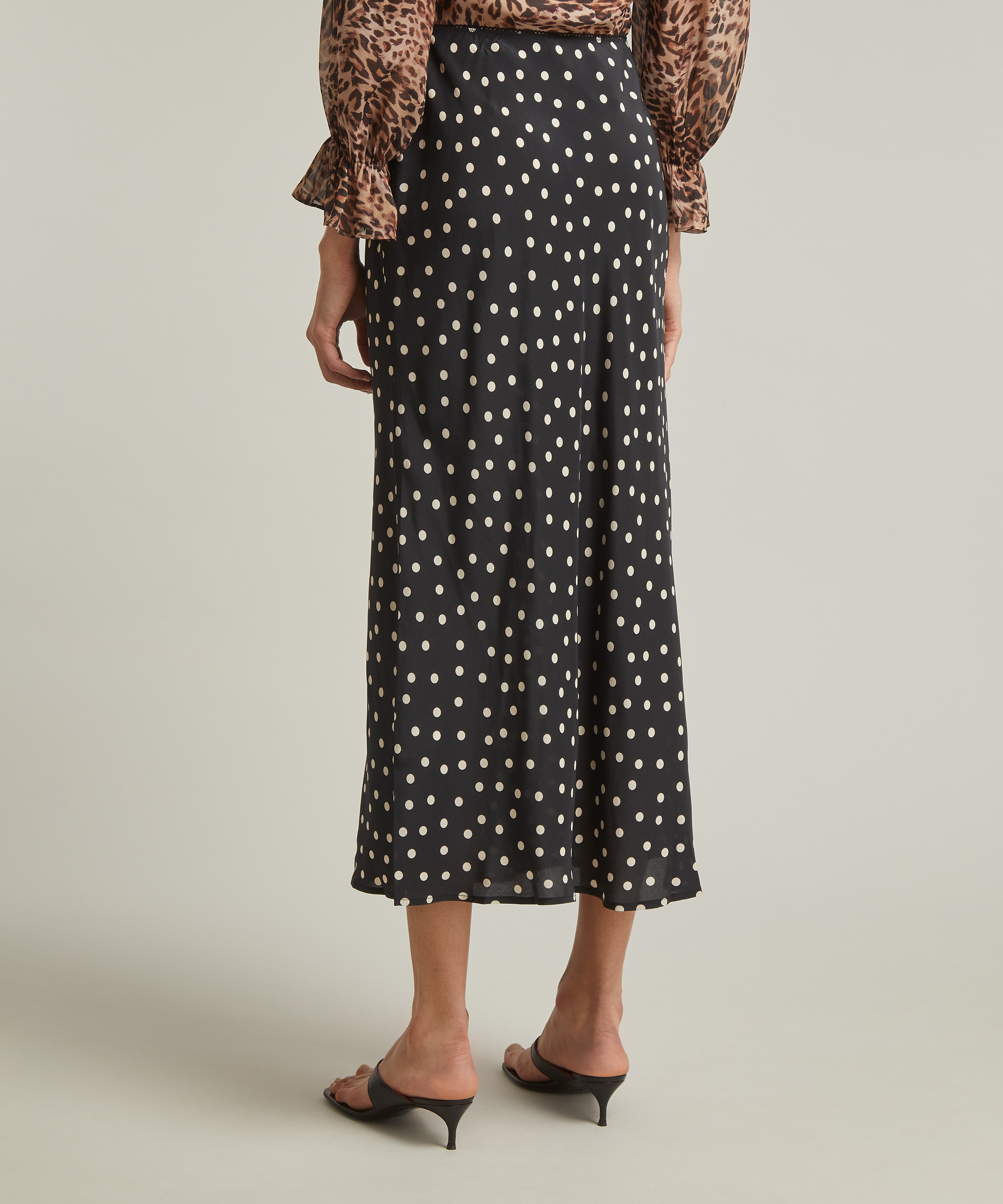 RIXO - Ardith Silk Crepe de Chine Bohemia Black Spot Midi Skirt image number 3