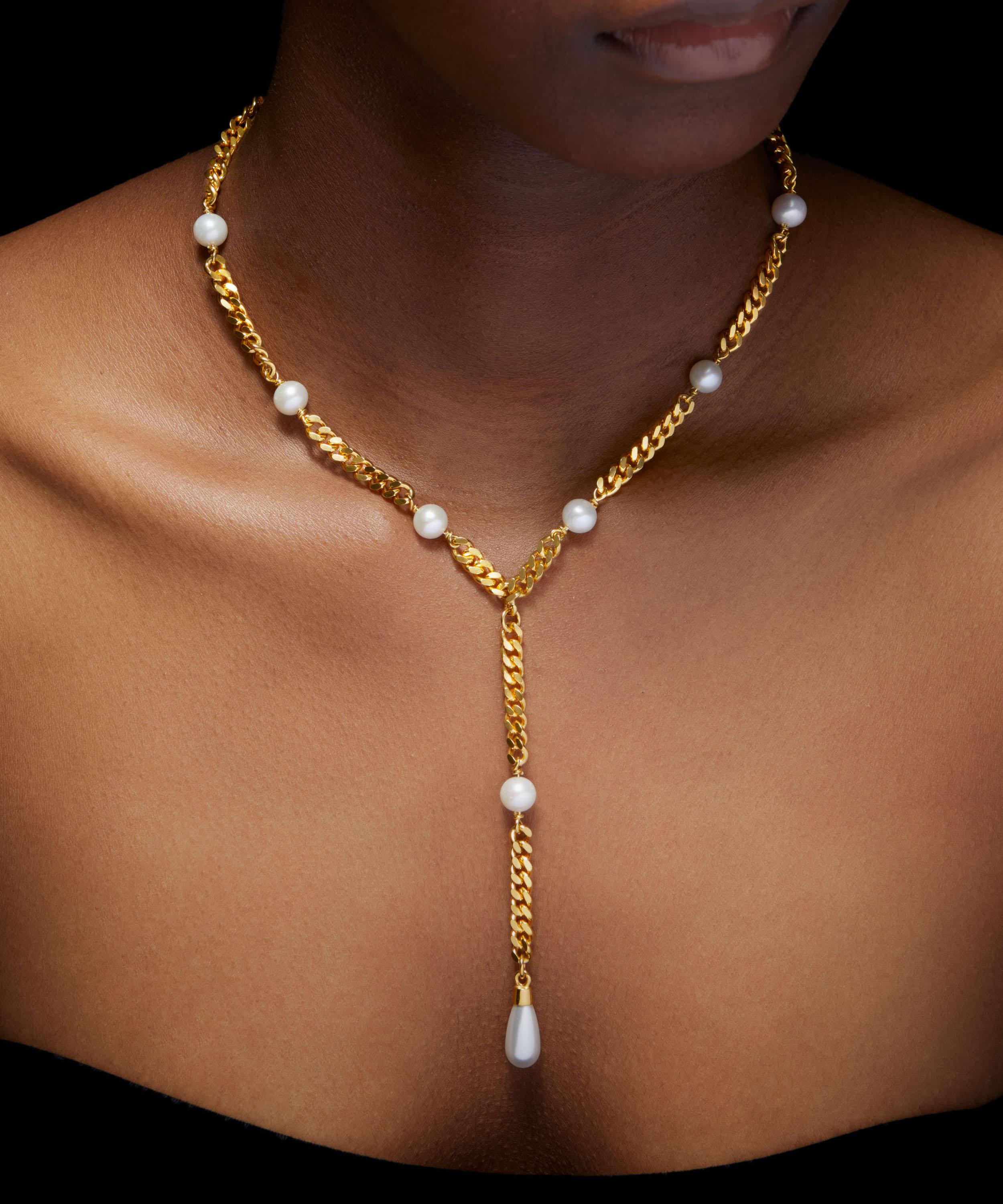 Maria Nilsdotter - 18ct Gold-Plated Chain and Pearl Lariat Necklace image number 1