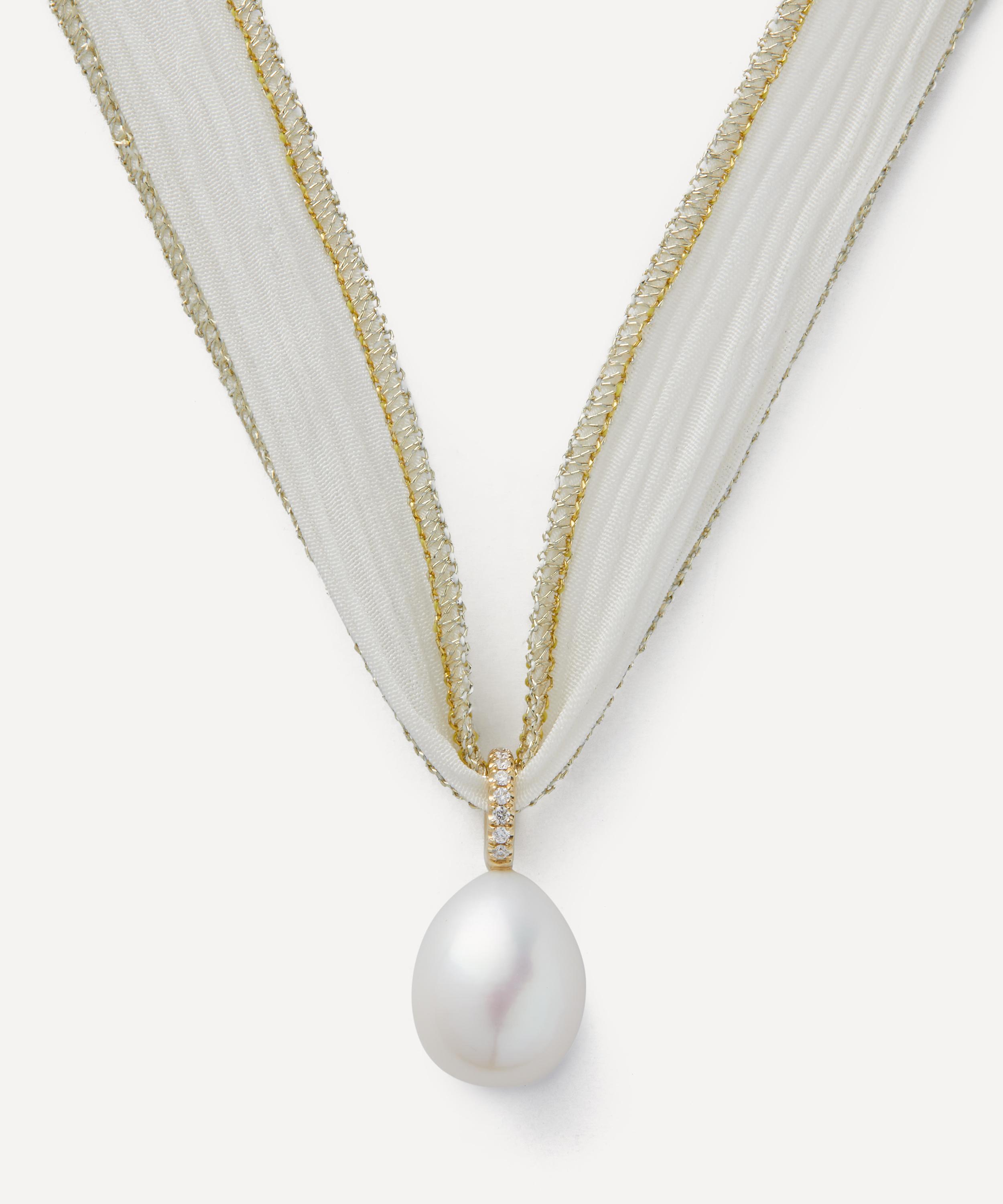 Mizuki - 14ct Gold White Silk and Diamond Pearl Necklace