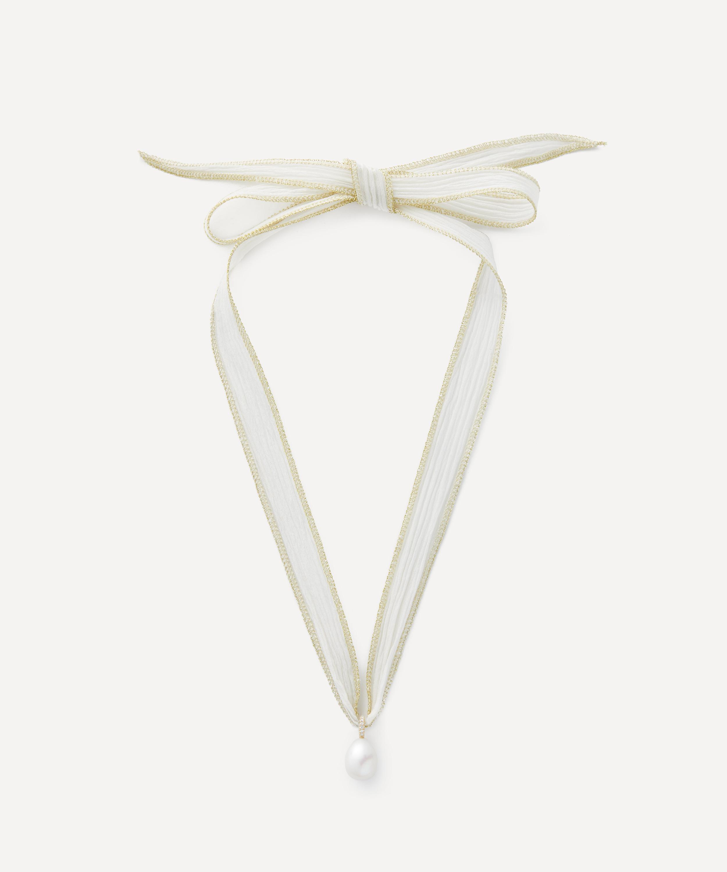 Mizuki - 14ct Gold White Silk and Diamond Pearl Necklace image number 1