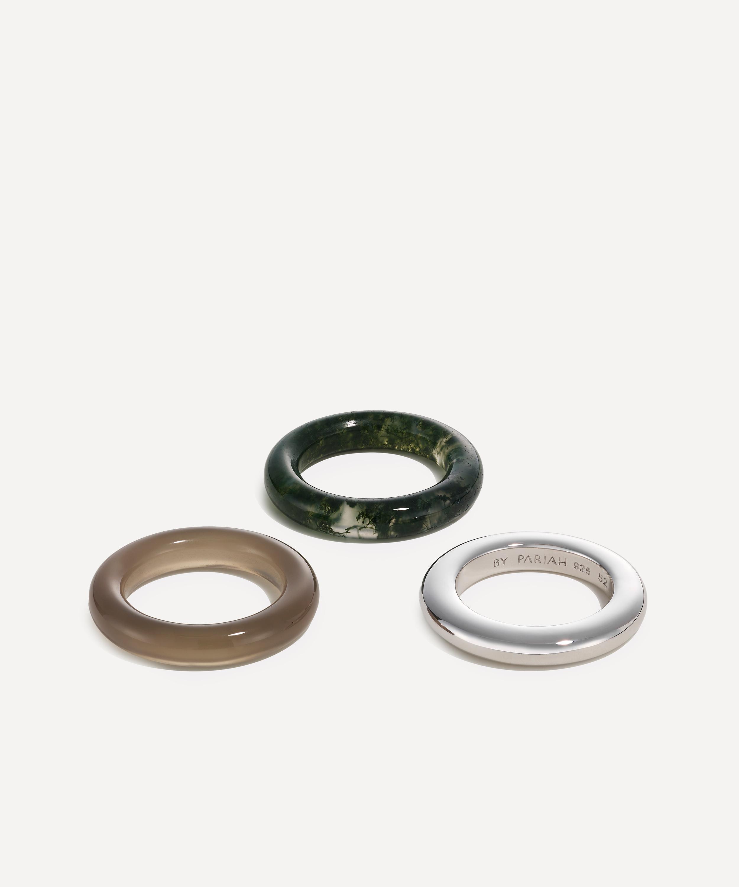 By Pariah - Sterling Silver Stone Trilogy Stack Moss Agate Ring image number 1