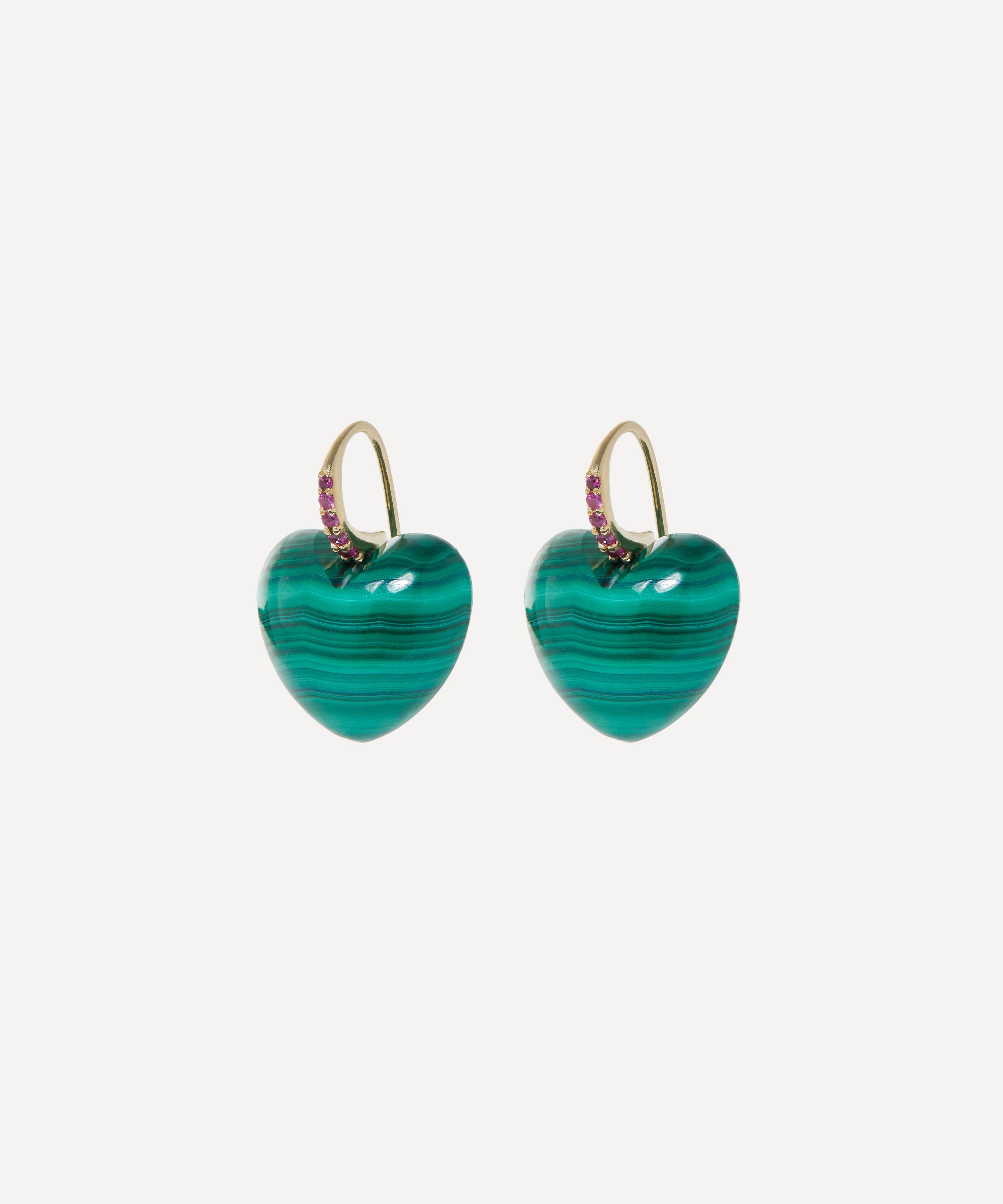 Rachel Quinn - 14ct Gold Malachite Heart Dollop Drop Earrings image number 0