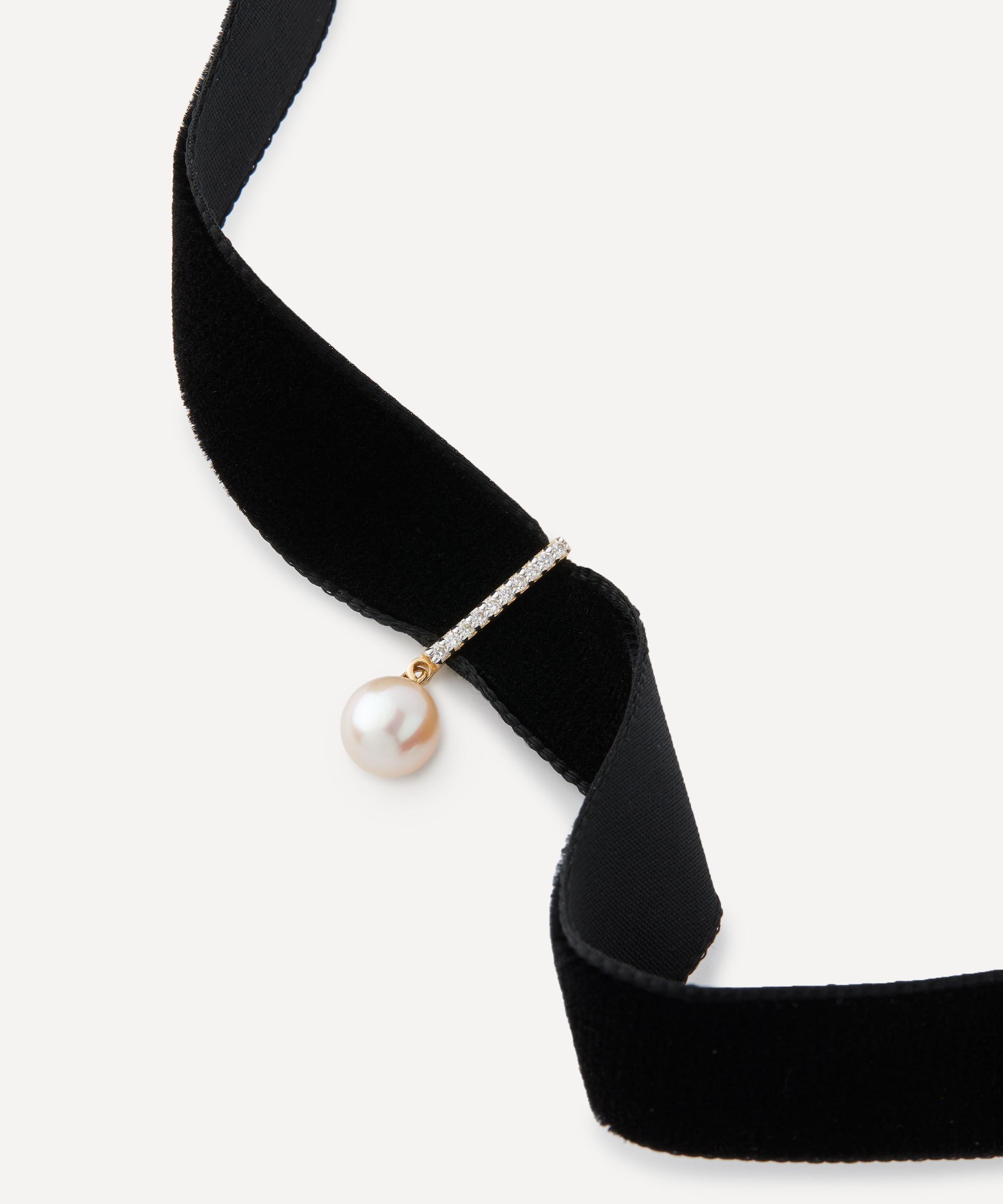 Mateo - 14ct Gold Pearl and Diamond Velvet Choker image number 1