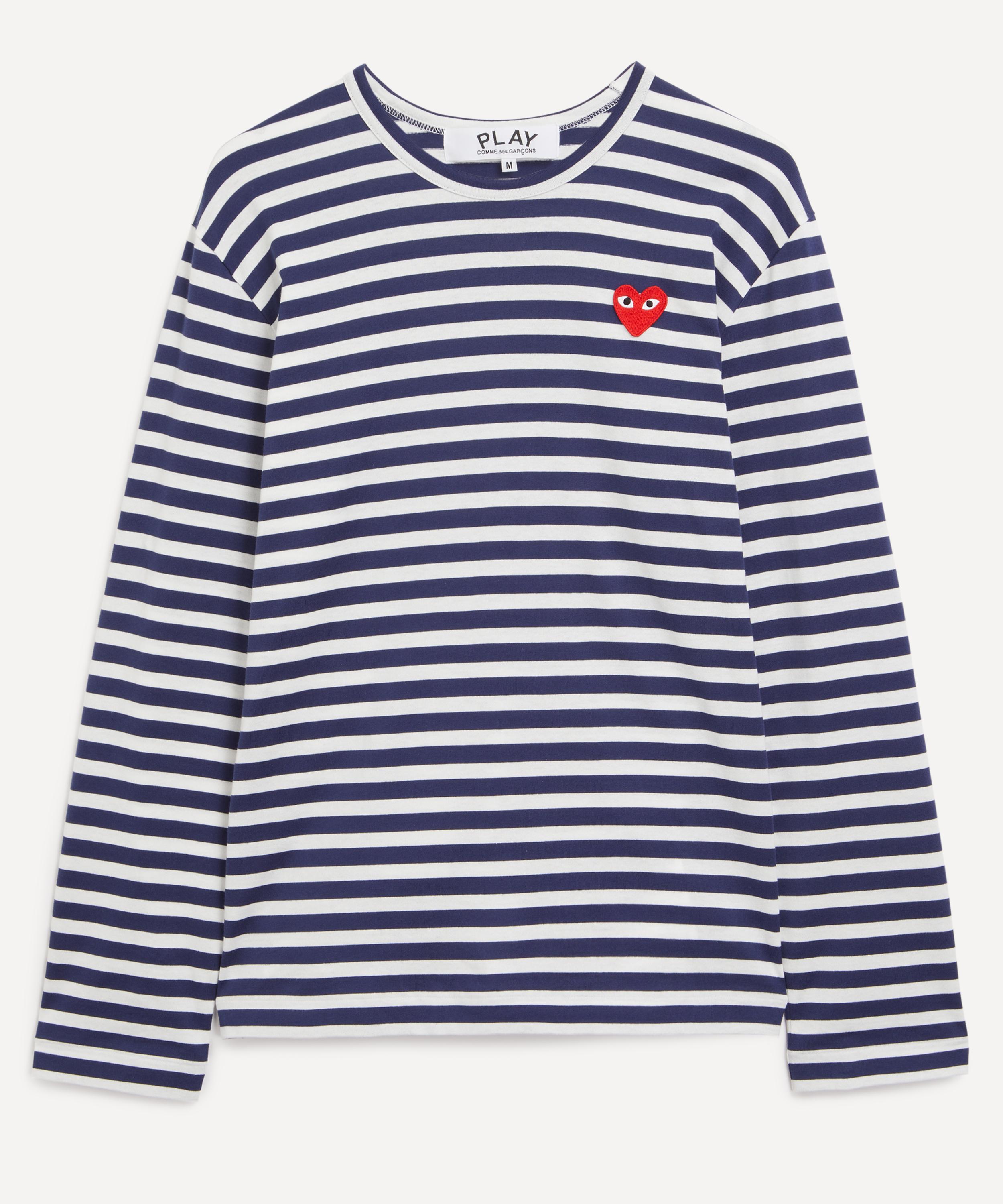 Comme des Garçons Play - Blue Striped Red Heart T-Shirt image number 0