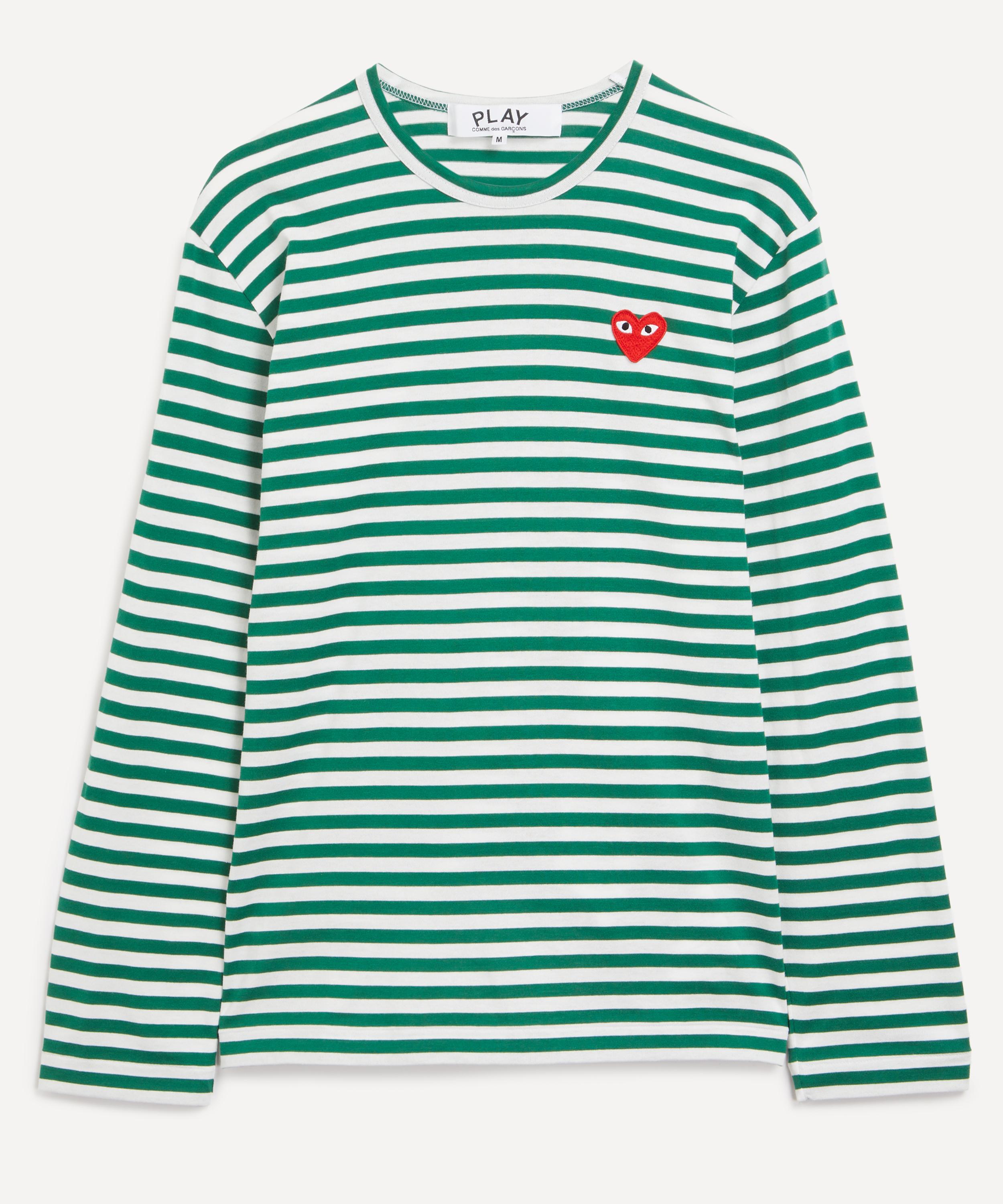 Comme des Garçons Play - Green Striped Red Heart T-Shirt image number 0