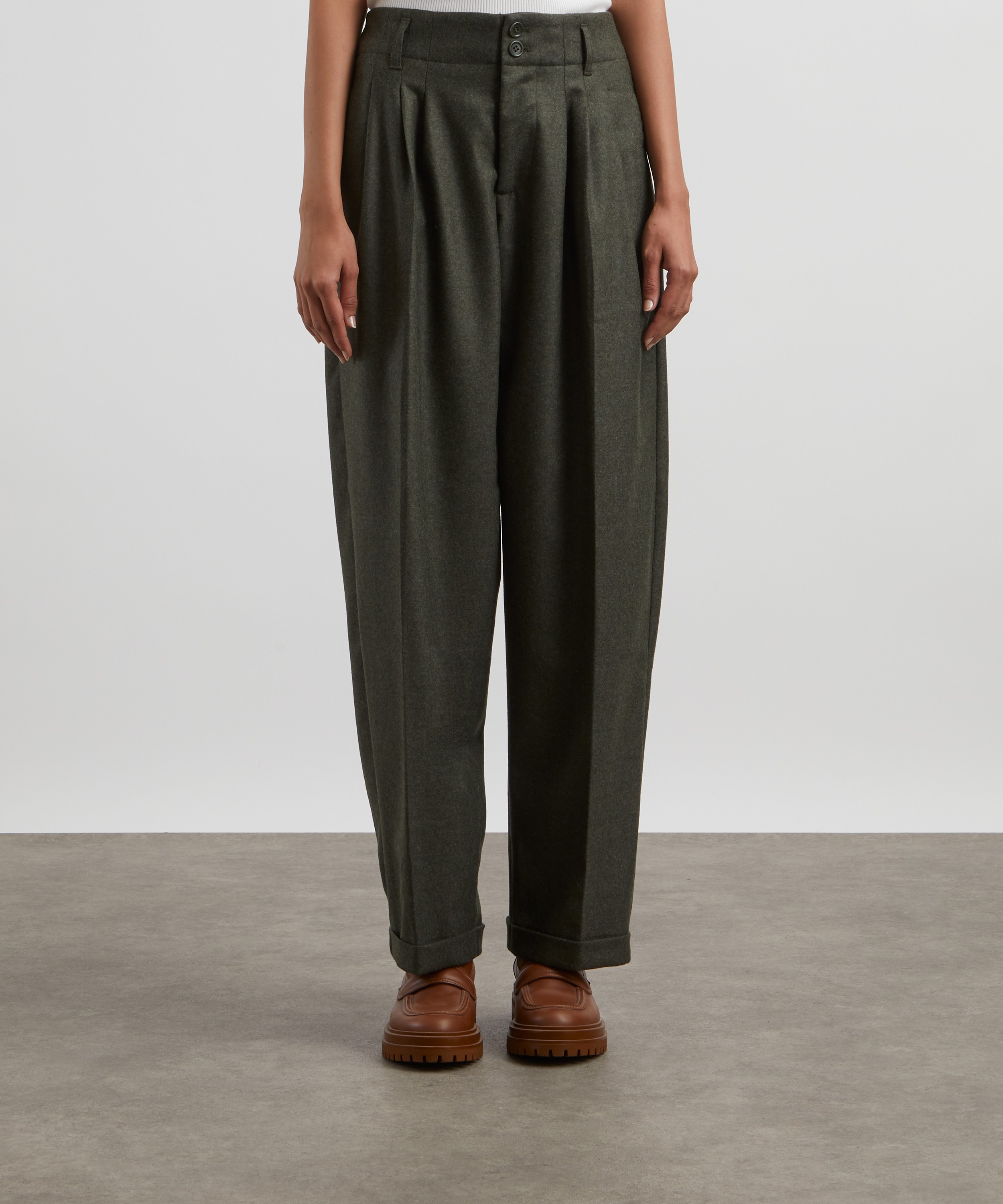 YMC - Keaton Wool-Blend Flannel Olive Trousers image number 2