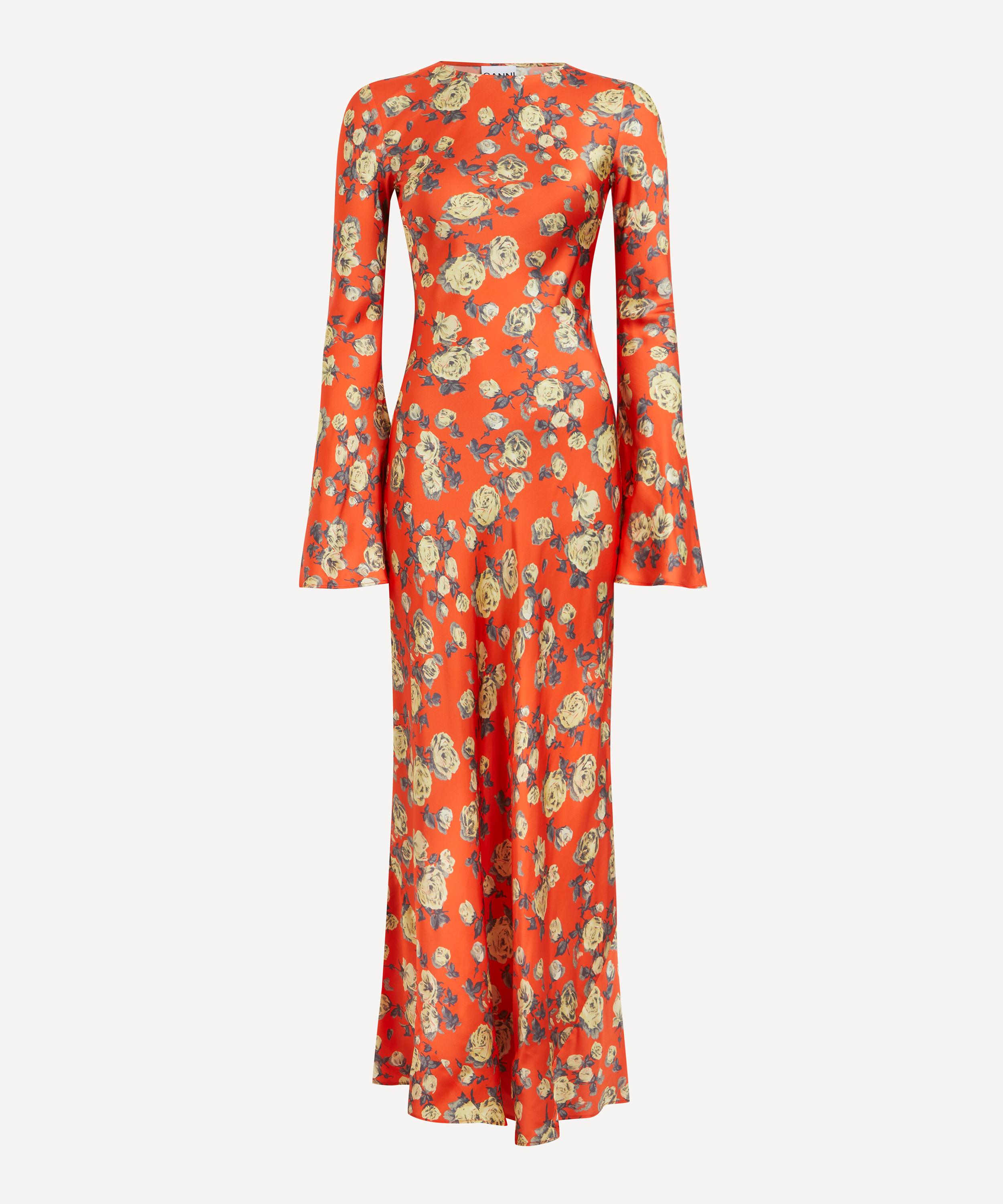 Ganni - Orange Floral Printed Satin Maxi Dress image number 0