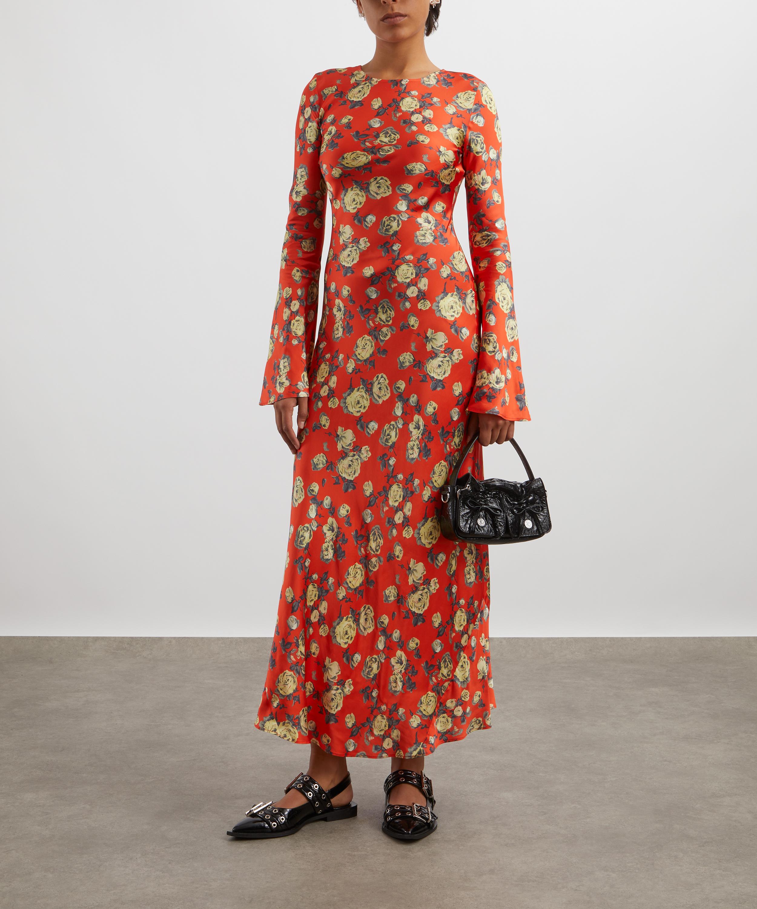 Ganni - Orange Floral Printed Satin Maxi Dress image number 1