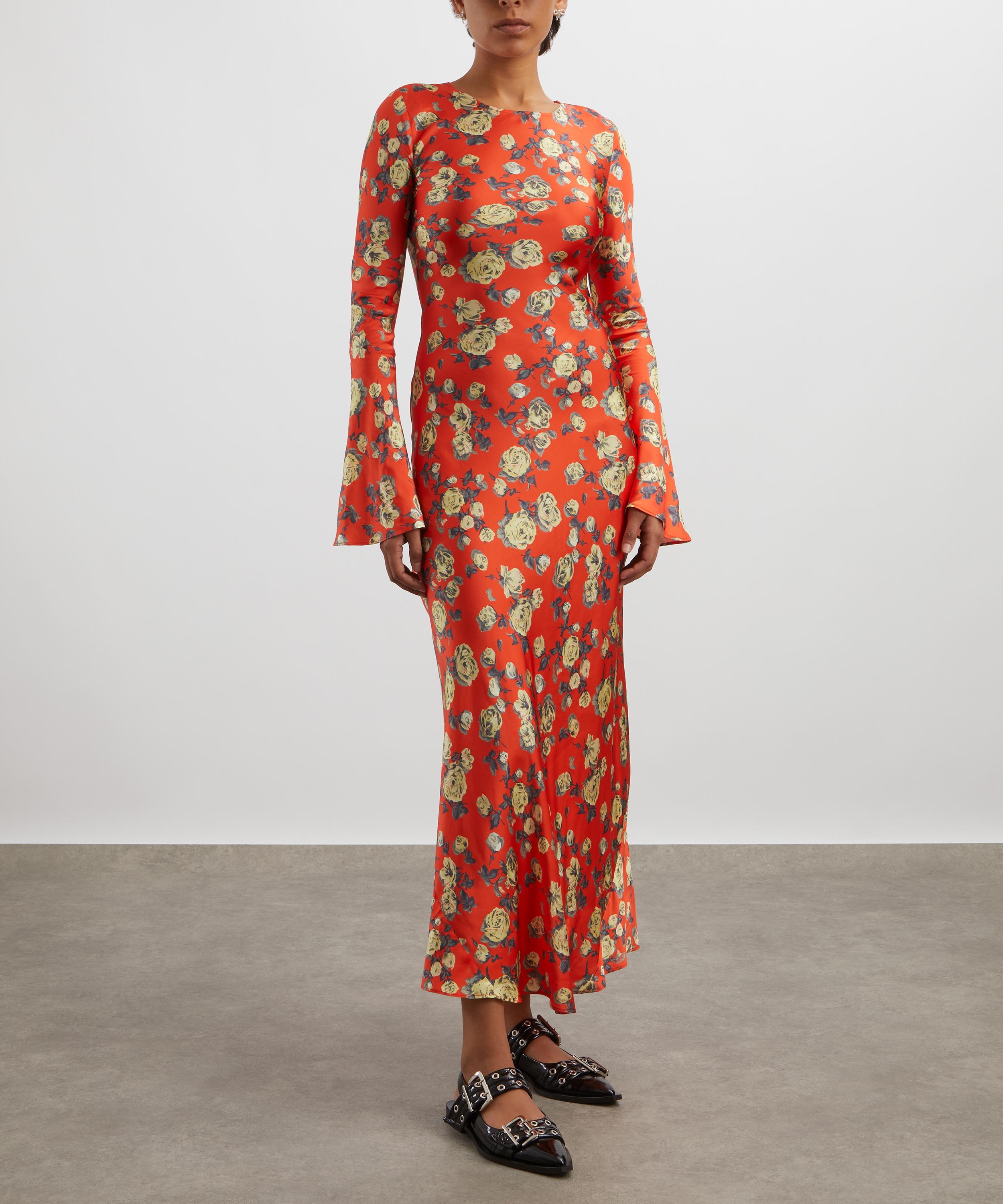 Ganni - Orange Floral Printed Satin Maxi Dress image number 2