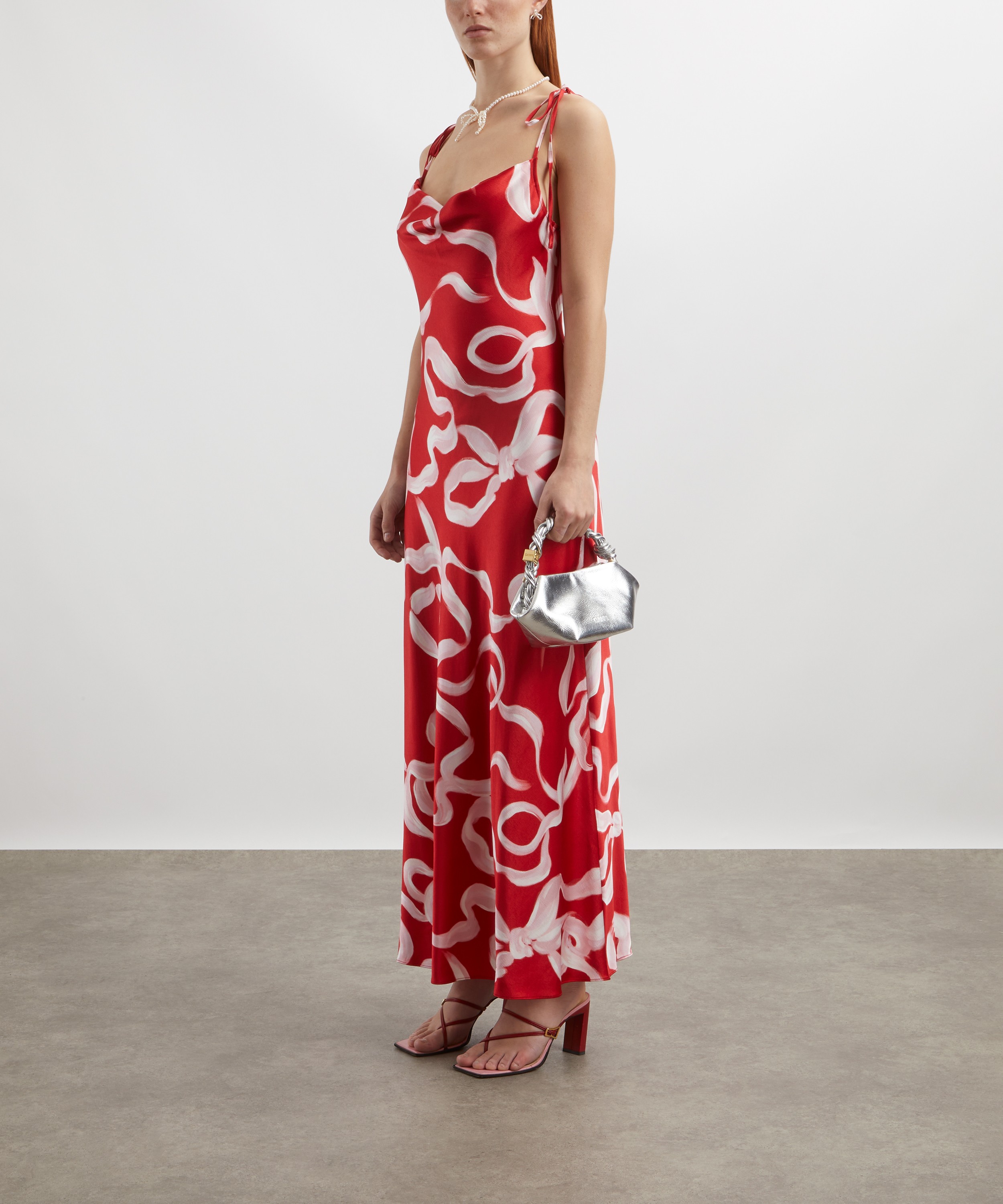 KITRI - Cindy Red Ribbon Print Satin Maxi Dress image number 1