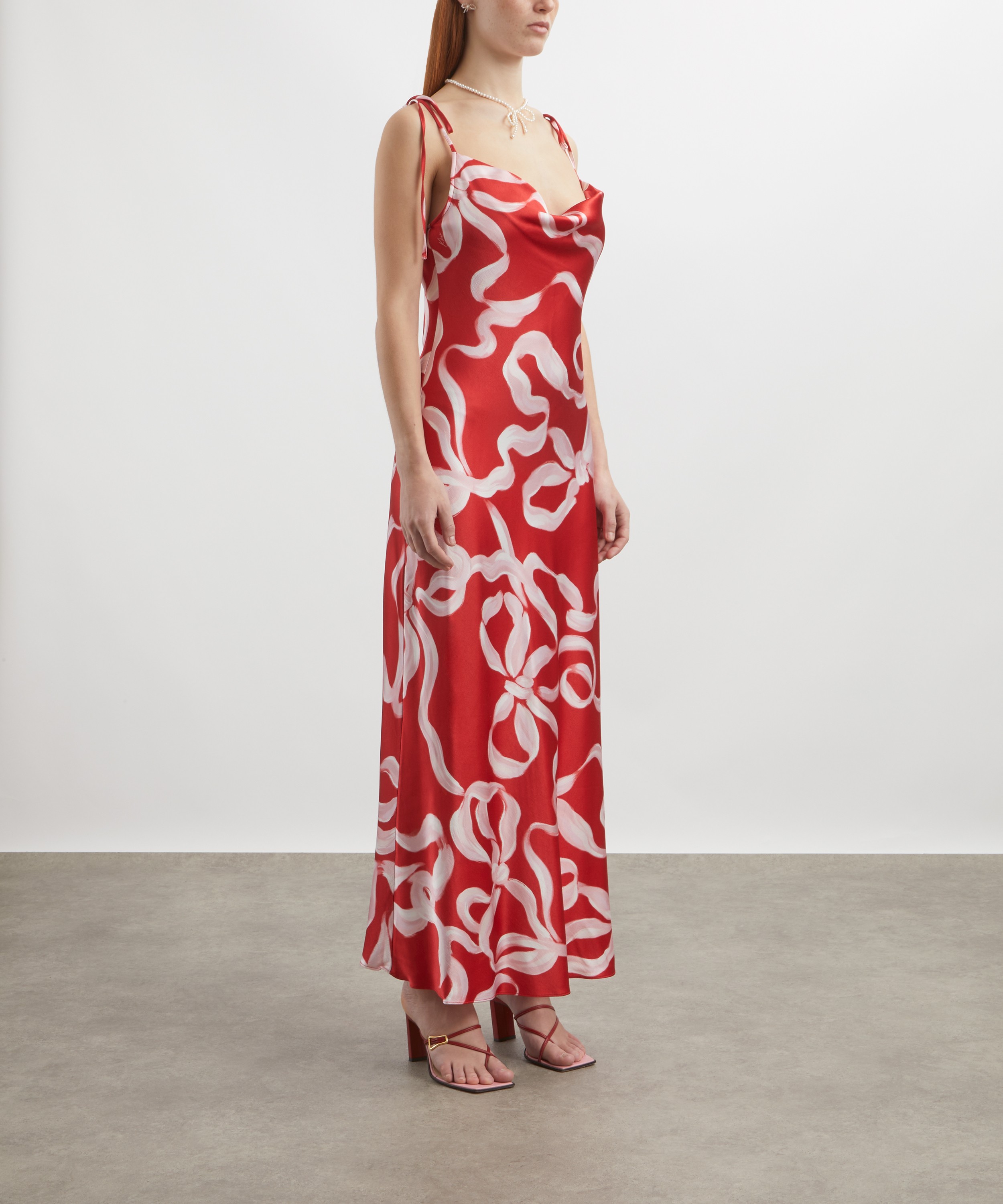 KITRI - Cindy Red Ribbon Print Satin Maxi Dress image number 2