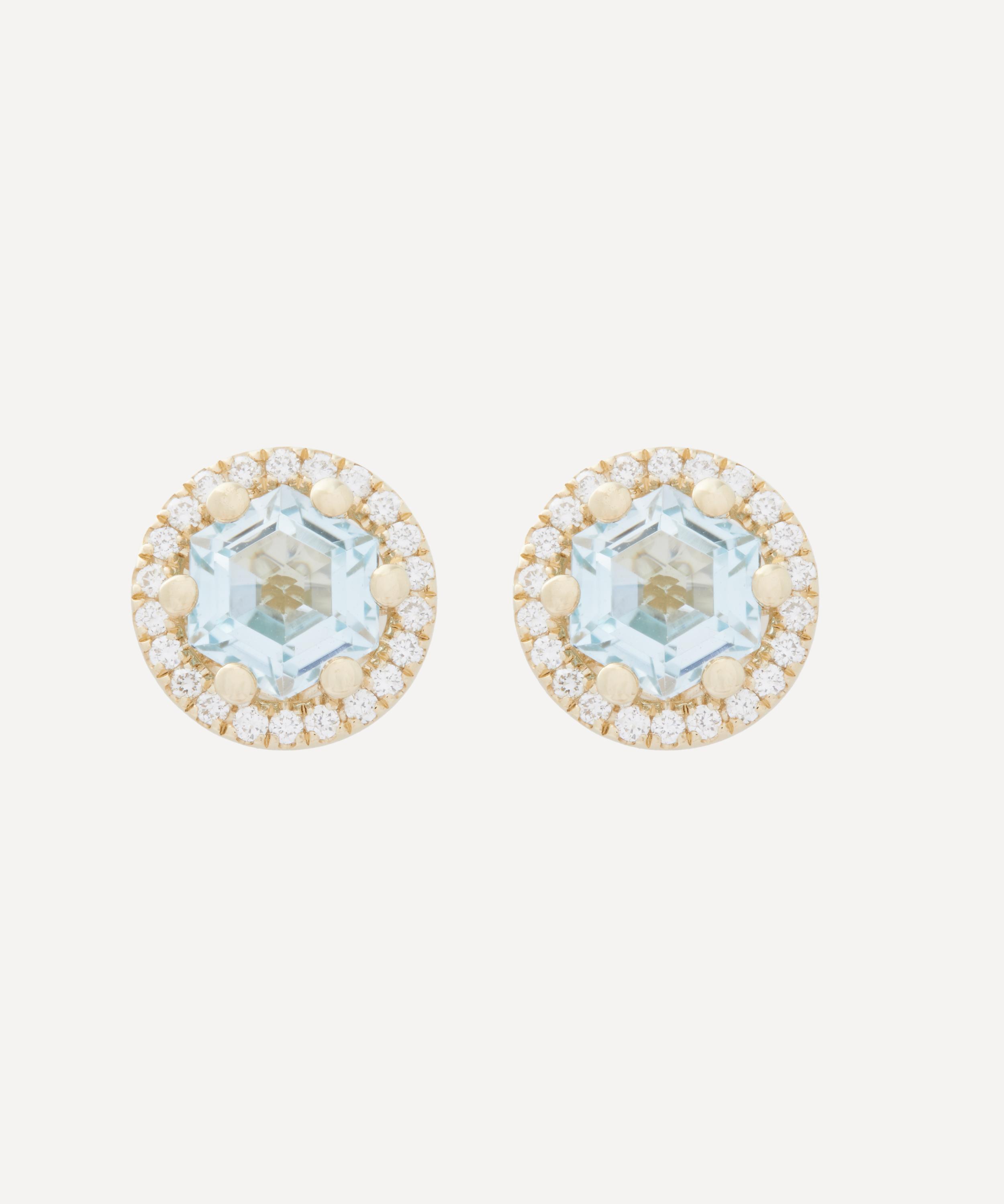Suzanne Kalan - 14ct Gold Halo Blue Topaz Hex Stud Earrings