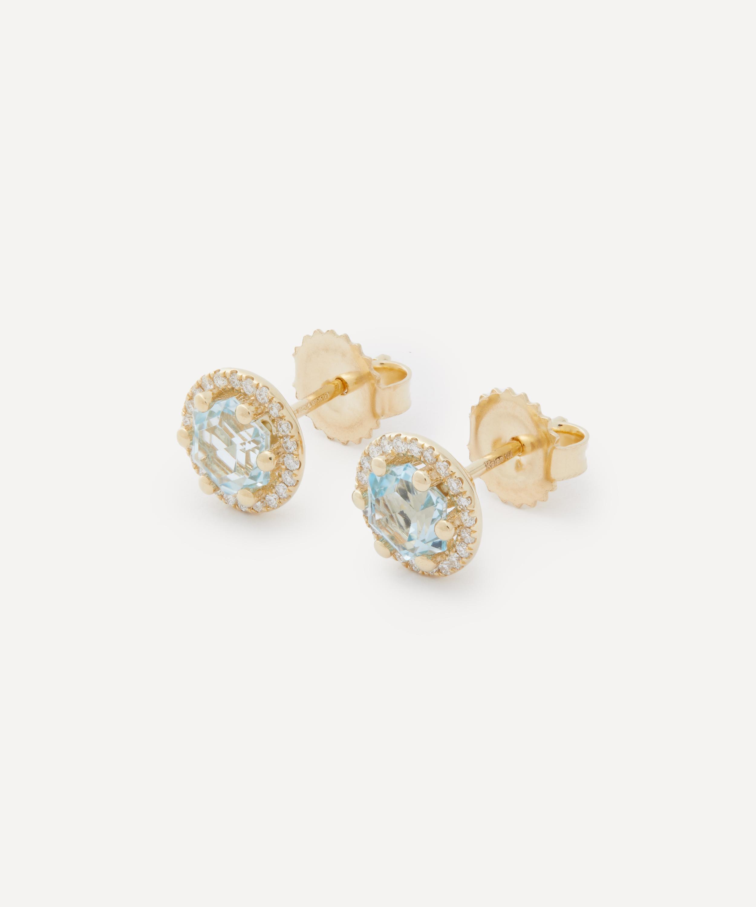 Suzanne Kalan - 14ct Gold Halo Blue Topaz Hex Stud Earrings image number 2