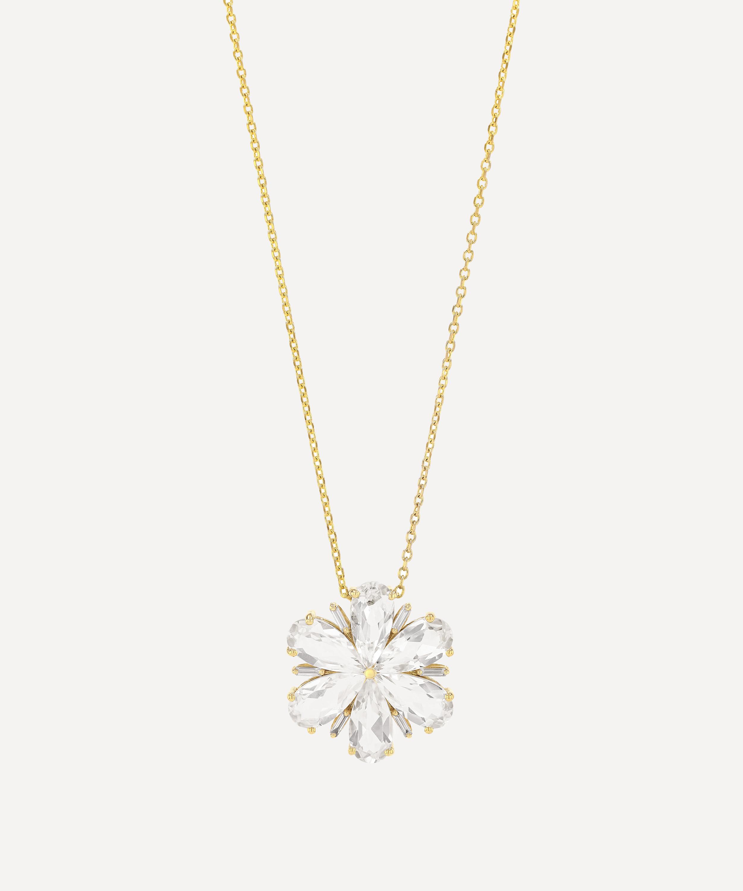 Suzanne Kalan - 14ct Gold Retro White Topaz Flower Pendant Necklace image number 0