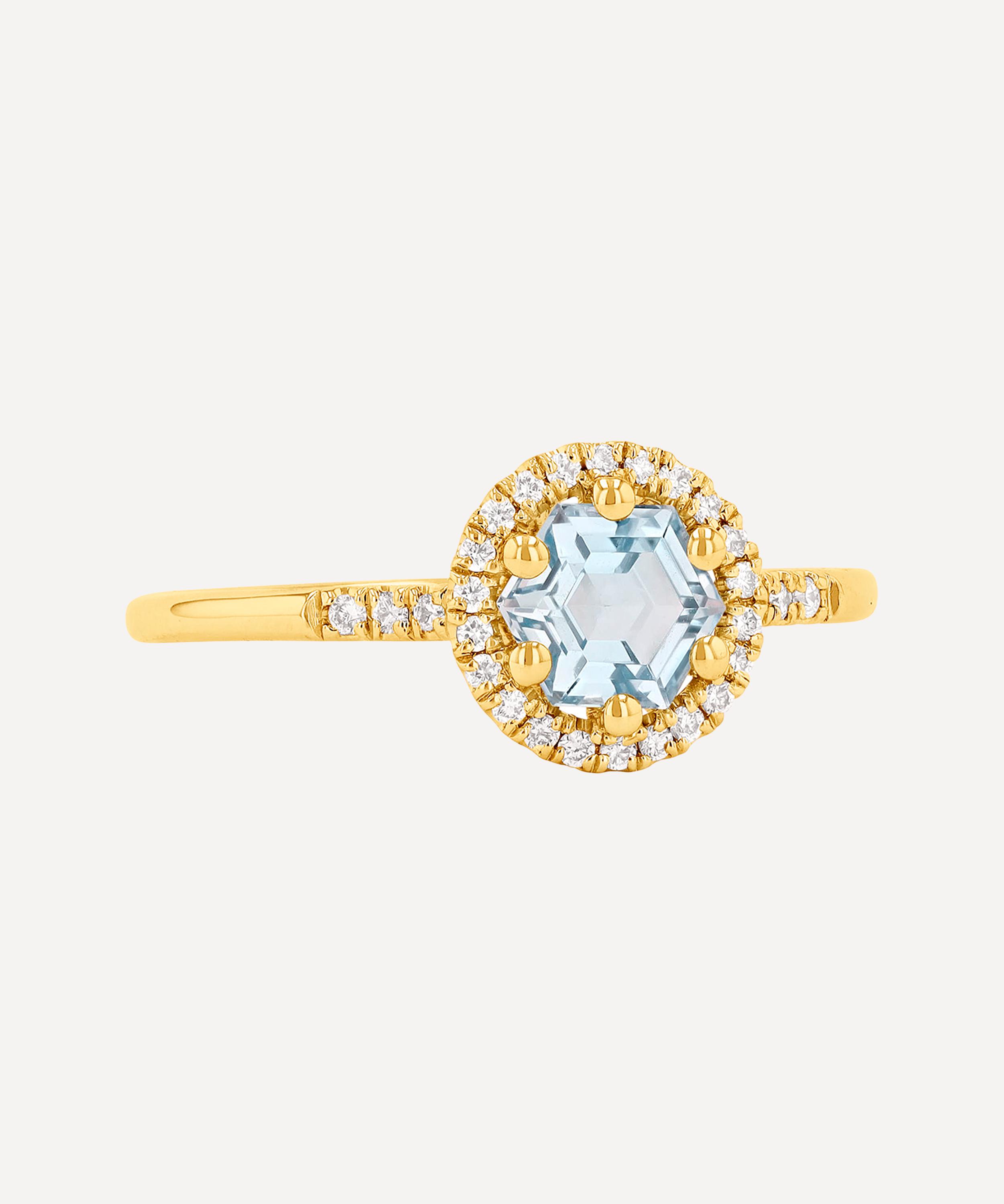 Suzanne Kalan - 14ct Gold Blue Topaz Hex Halo Solitaire Ring