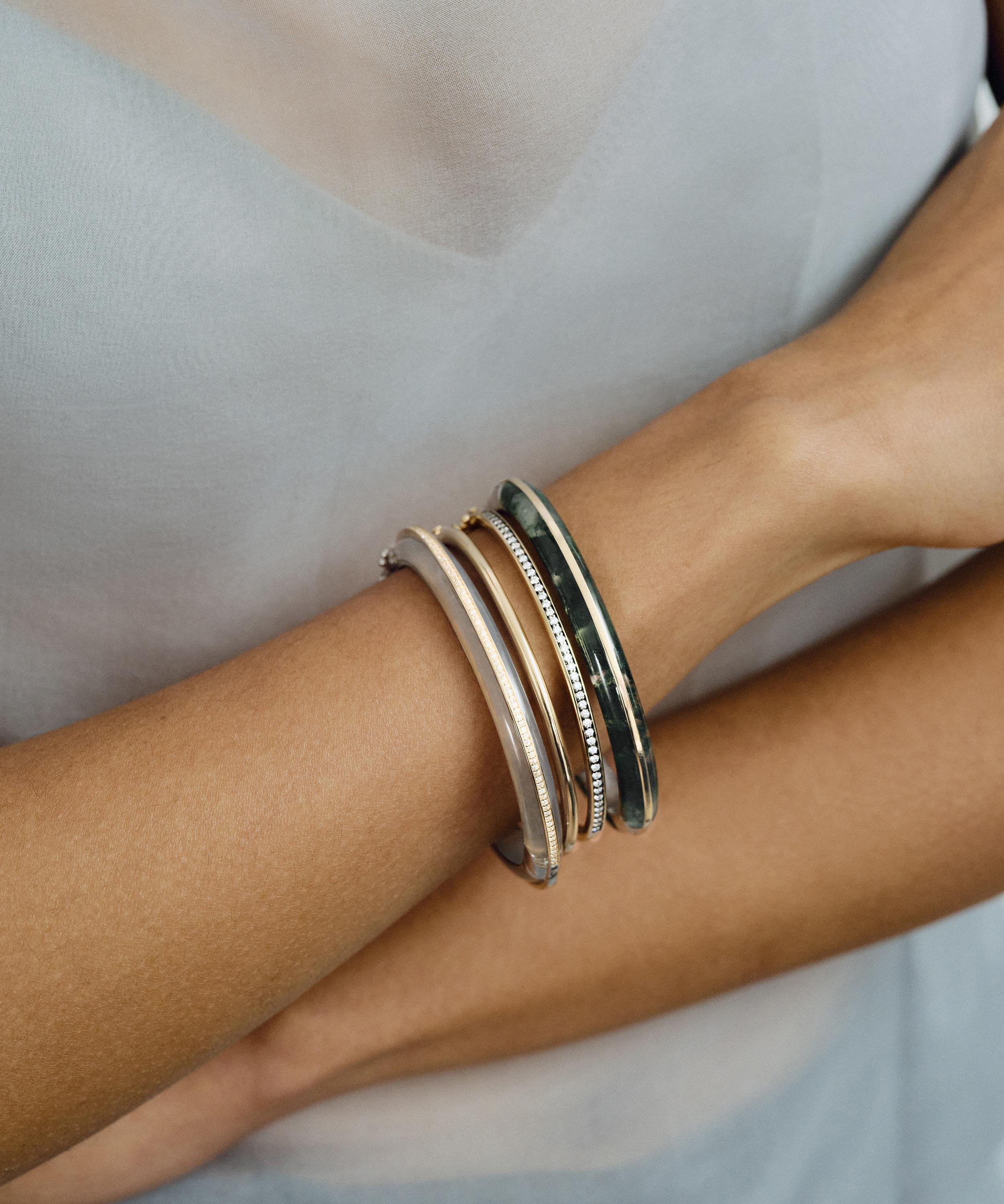 By Pariah - 14ct Gold Moss Agate Essential Stacking Cuff Bracelet image number 