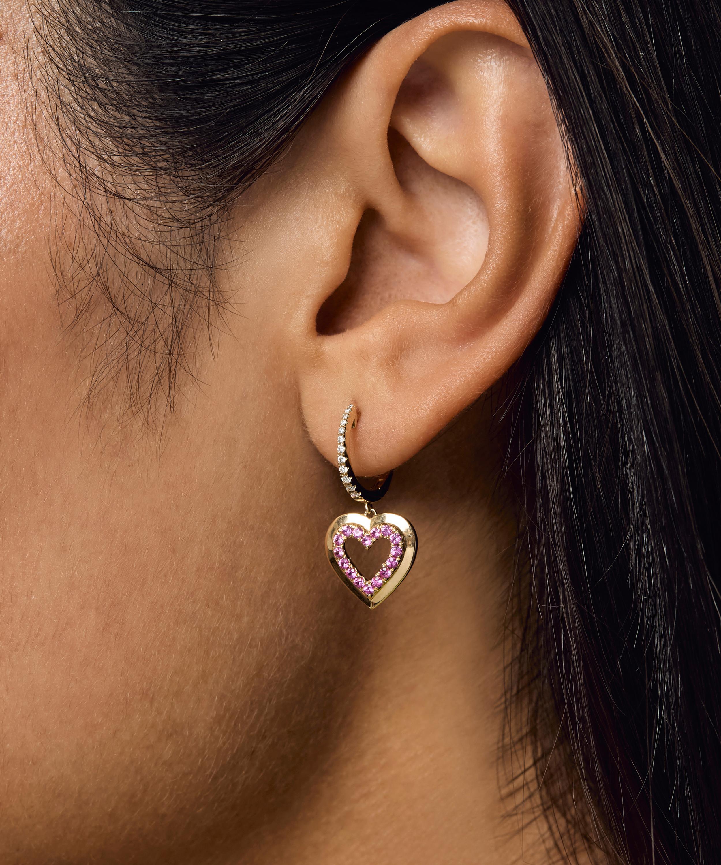 Roxanne First - 14ct Gold Pink Sapphire Heart Drop Earrings image number 1