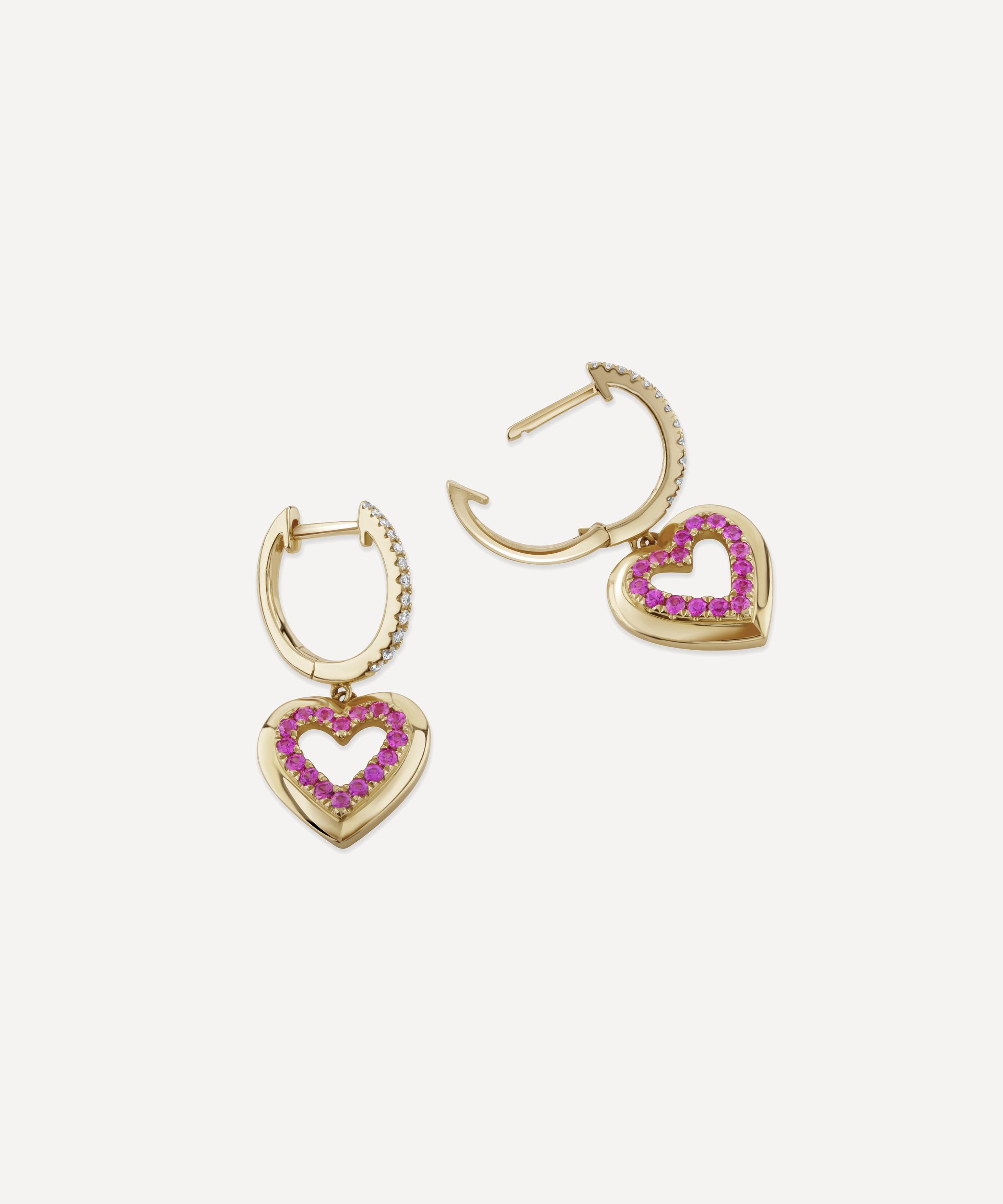 Roxanne First - 14ct Gold Pink Sapphire Heart Drop Earrings image number 2