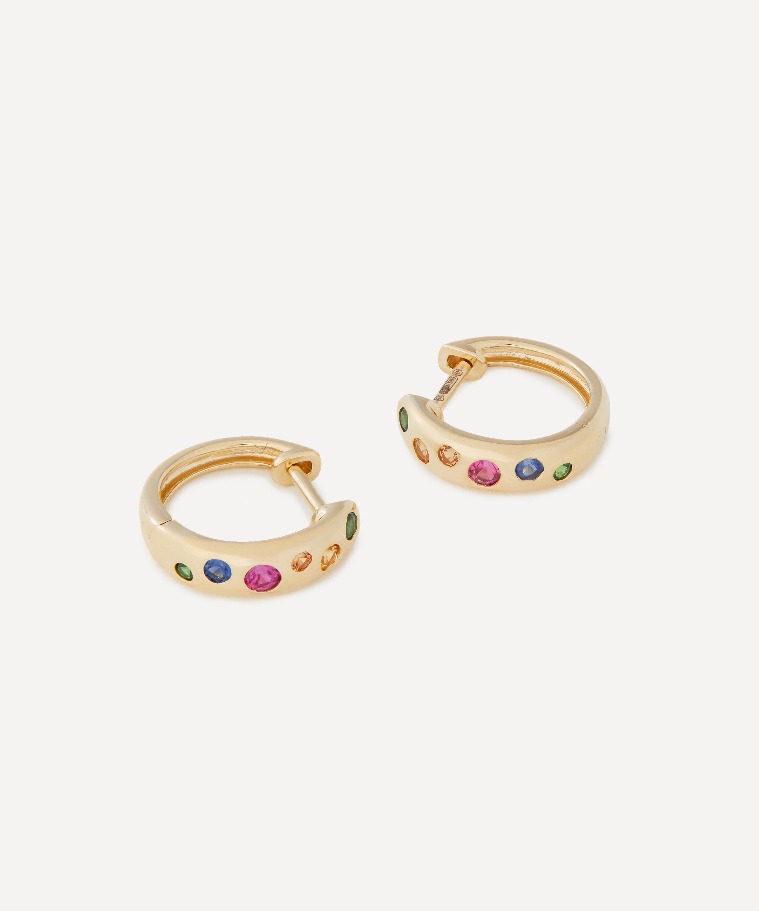Roxanne First - 14ct Gold Rainbow Sapphire Sprinkle Hoop Earrings image number 1