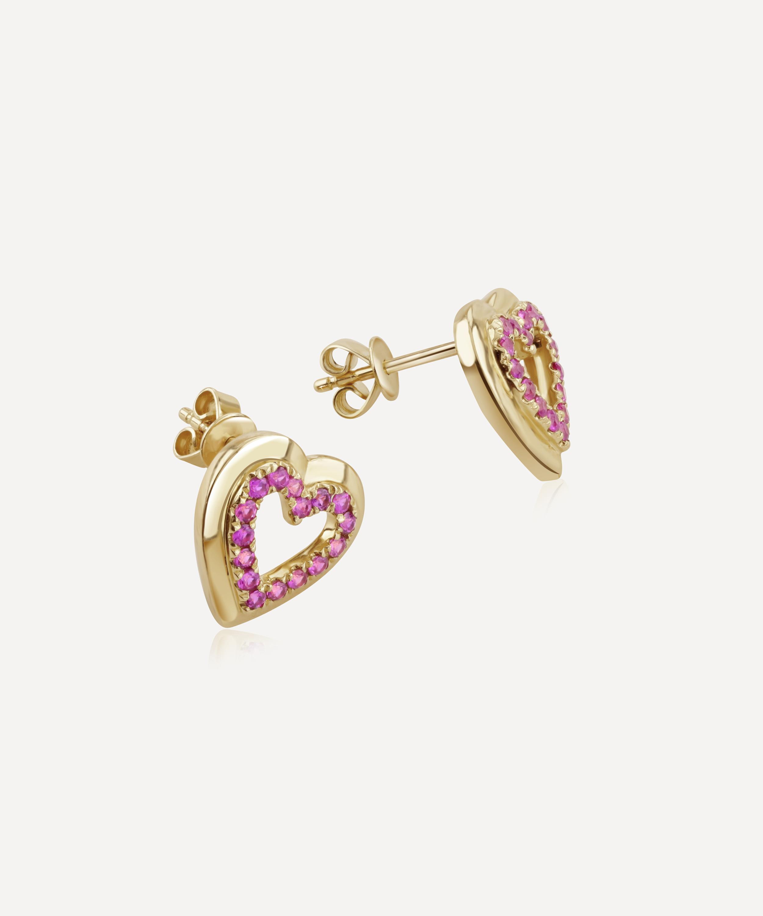 Roxanne First - 14ct Gold Pink Sapphire Heart Stud Earrings image number 2