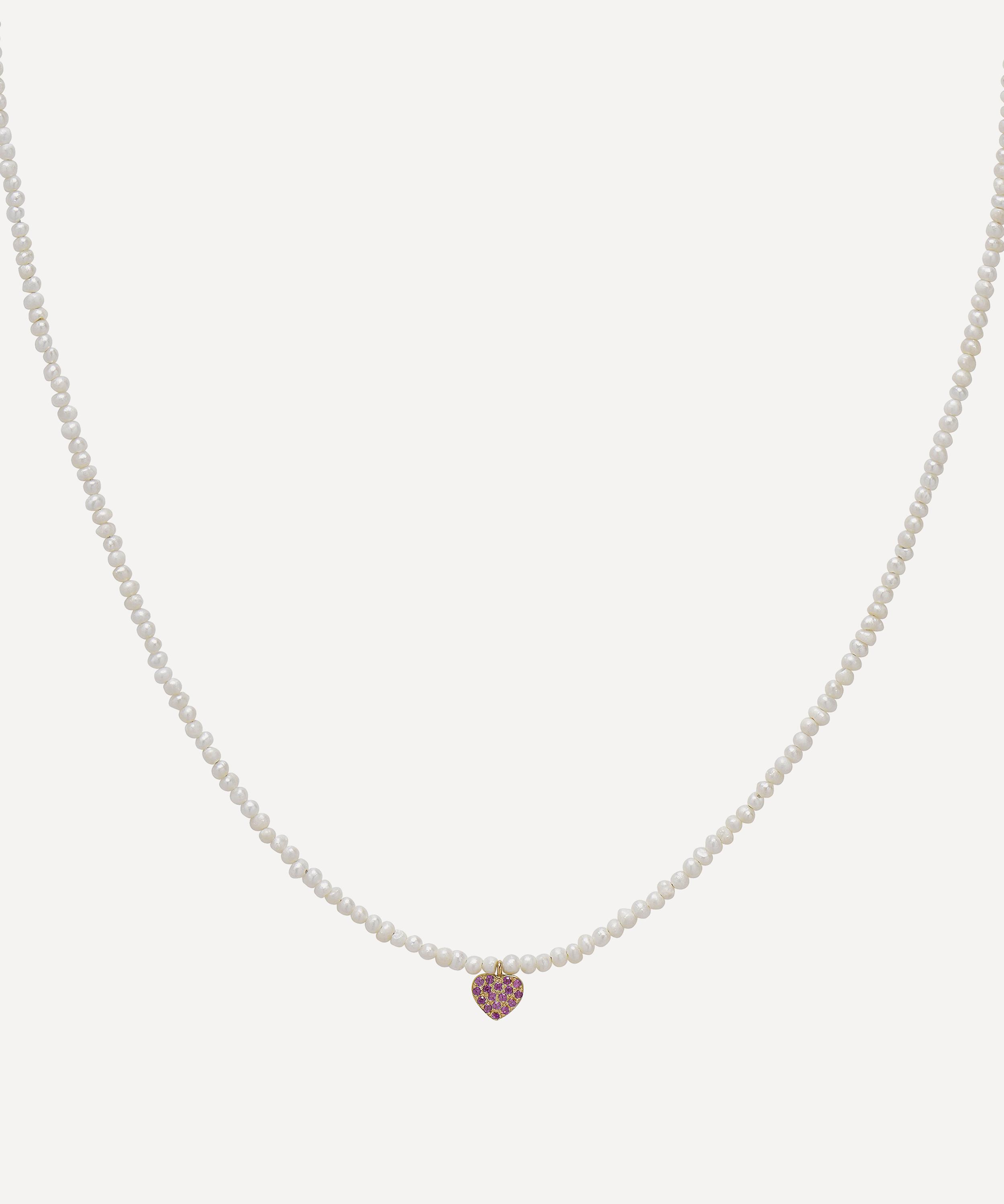 Roxanne First - 14ct Gold Baby Potato Pearl and Pink Sapphire Heart Beaded Necklace