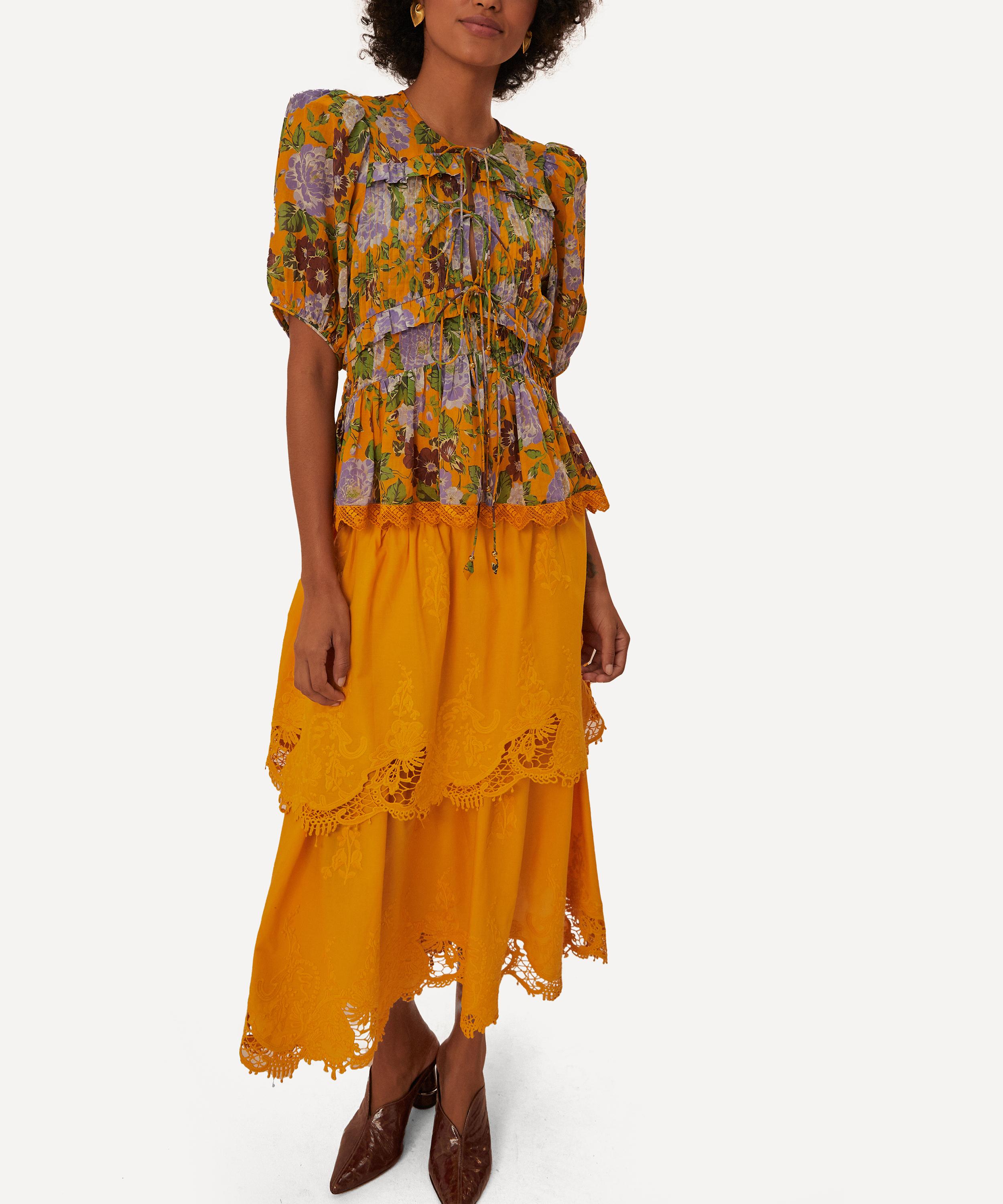 FARM Rio - Yellow Mustard Tiered Lace Midi Skirt image number 0