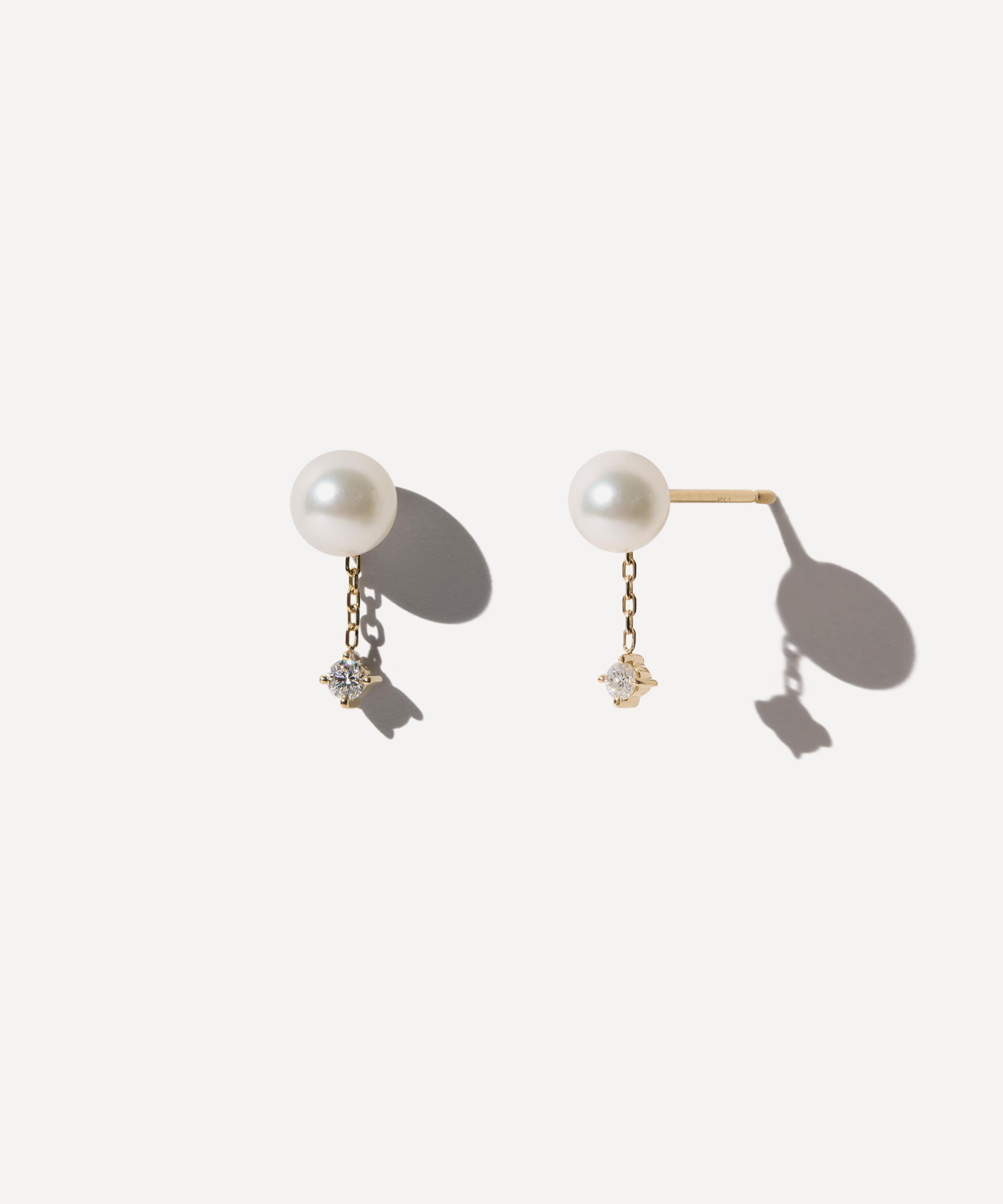 Mizuki - 14ct Gold Pearl and Diamond Chain Drop Stud Earrings image number 0