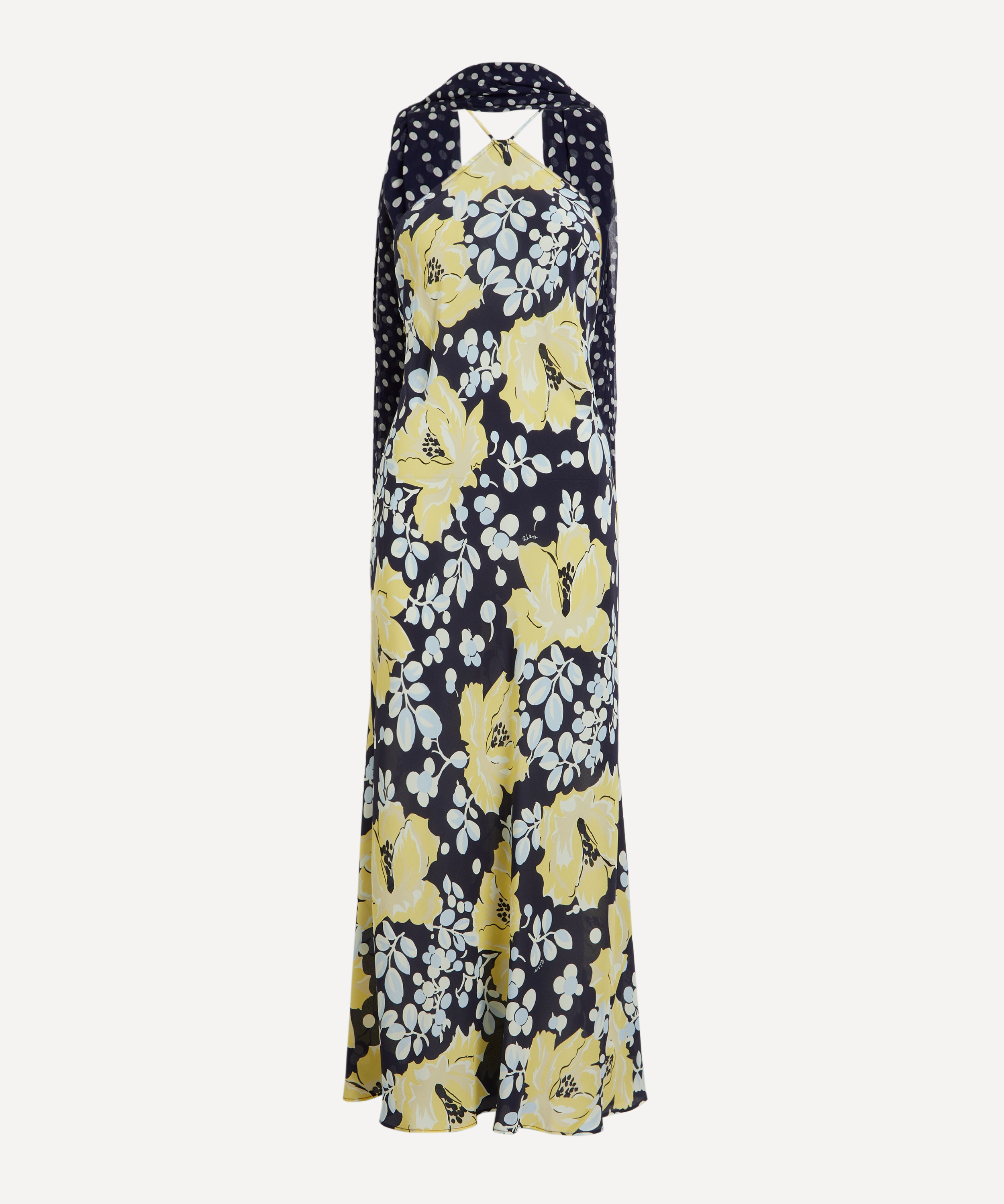 RIXO - Hayley Umbrella Floral Navy Silk Midi Dress image number 0