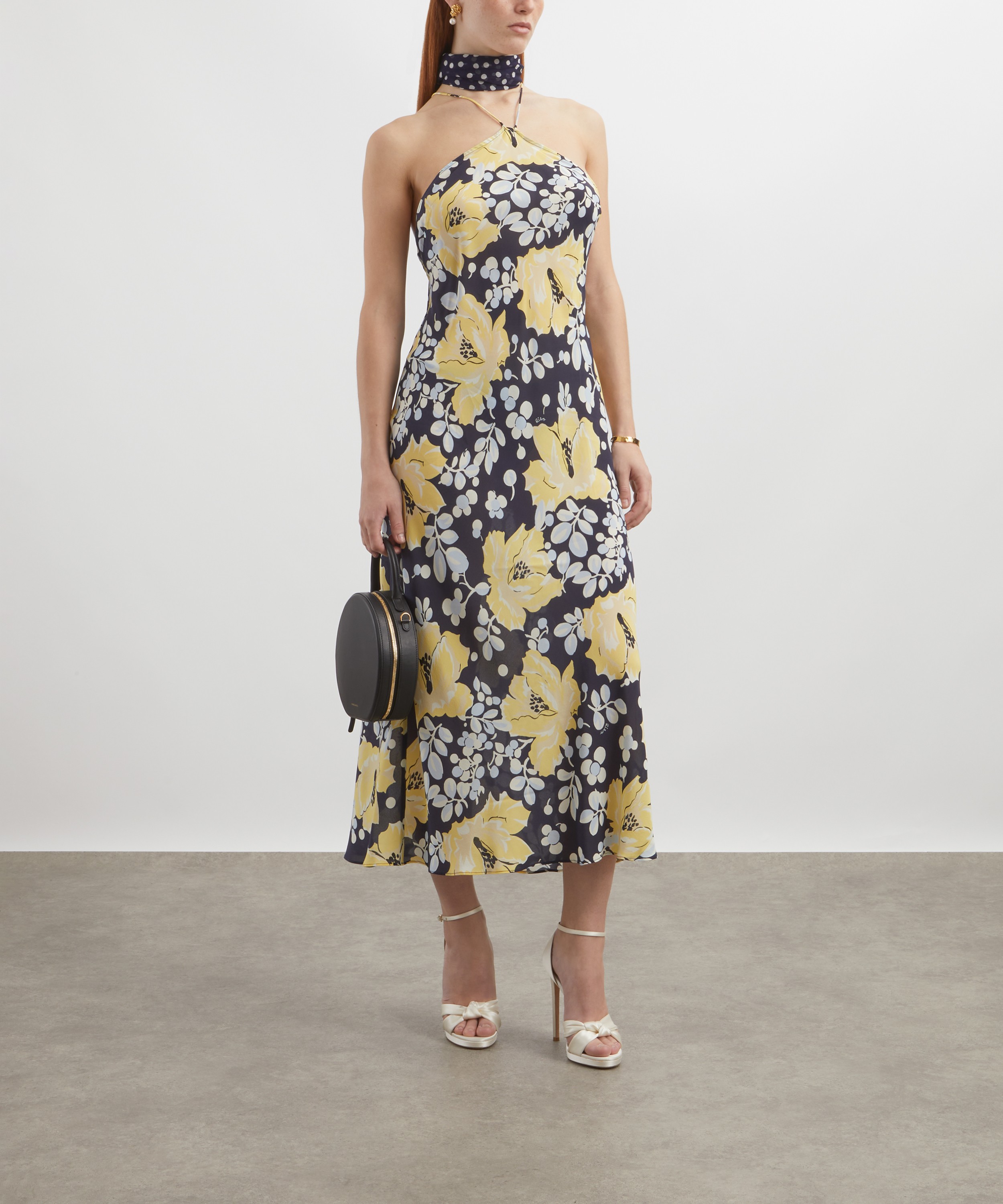 RIXO - Hayley Umbrella Floral Navy Silk Midi Dress image number 1