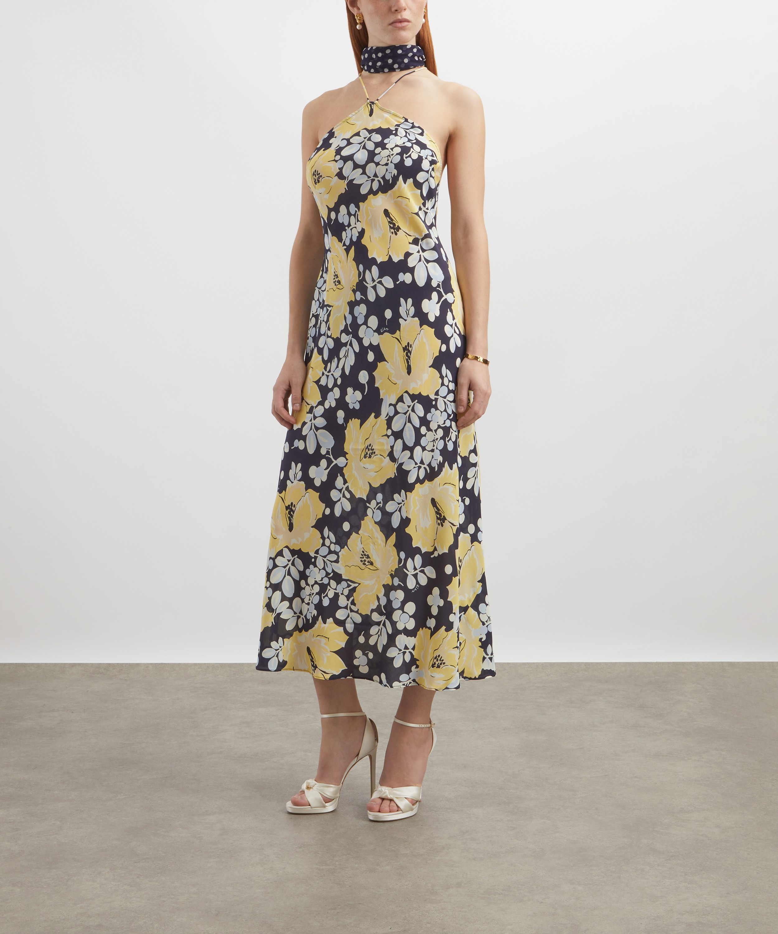 RIXO - Hayley Umbrella Floral Navy Silk Midi Dress image number 2