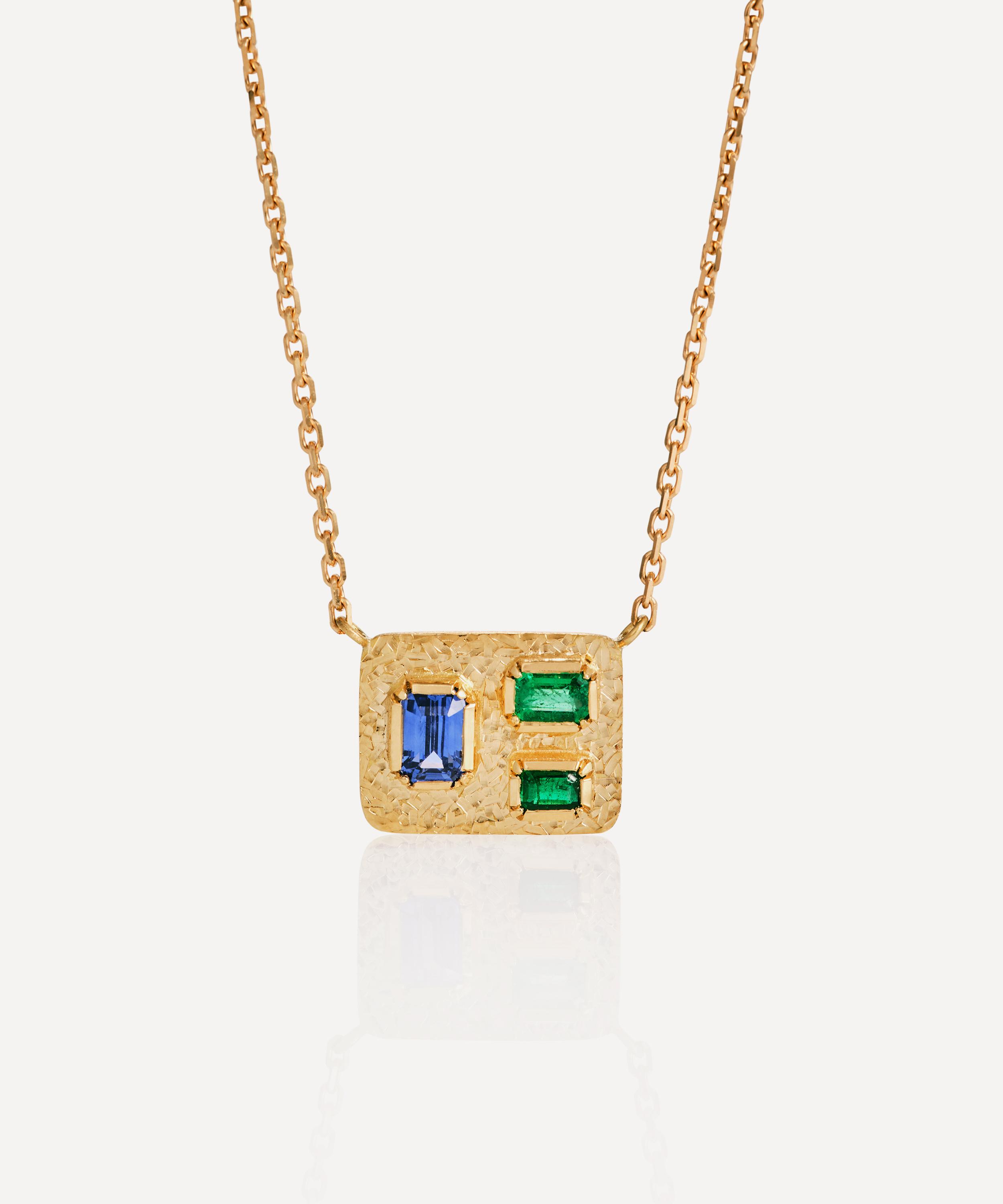 Brooke Gregson - 18ct Gold Bauhaus Emerald and Sapphire Pendant Necklace image number 0