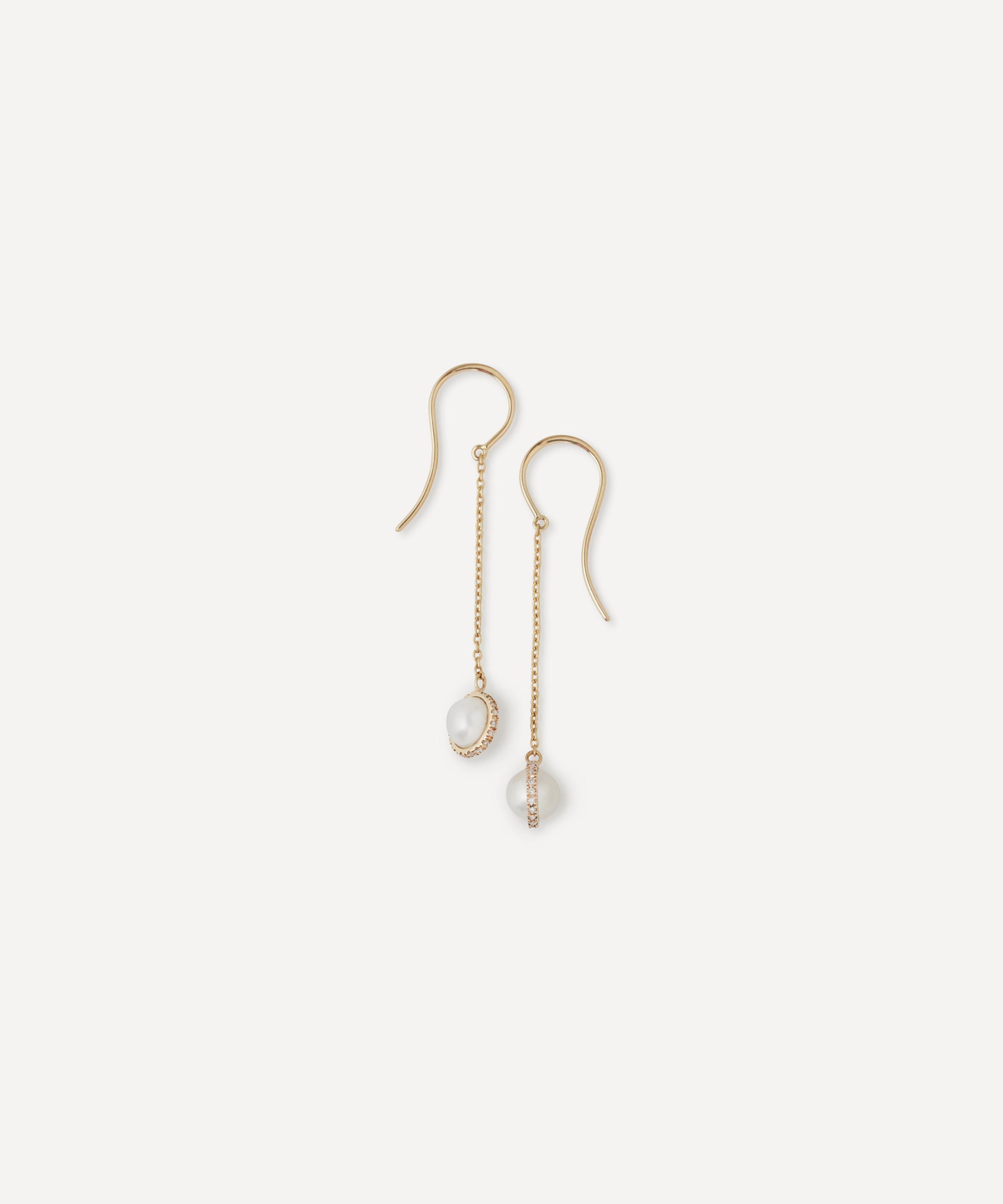 Melissa Joy Manning - 14ct Gold Pearl Micropave Bezel Chain Drop Earrings image number 0