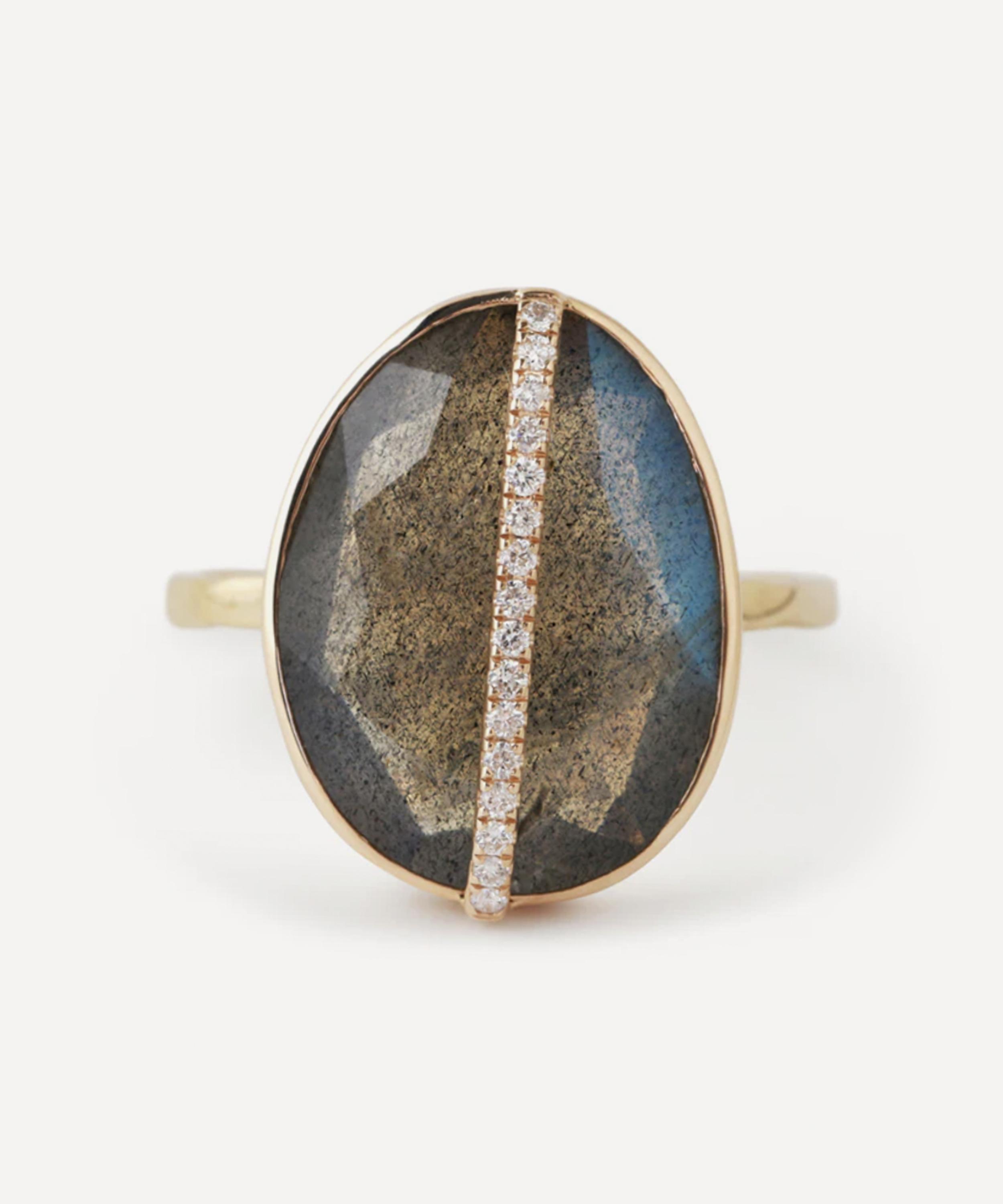 Melissa Joy Manning - 14ct Gold Large Micropave Bezel Wrapped Labradorite Ring