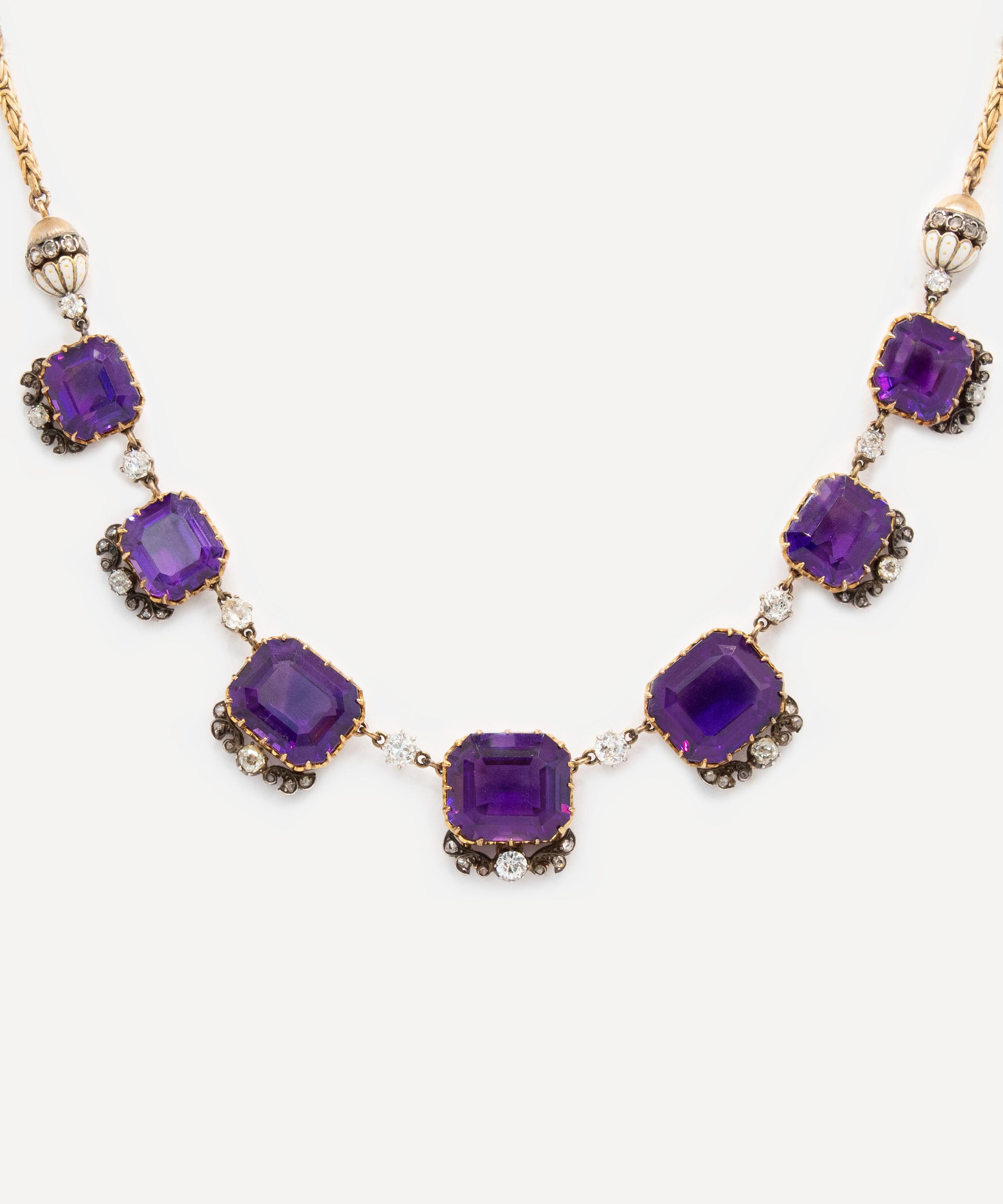 Kojis - 14ct Gold Georgian Amethyst Diamond and Enamel Necklace image number 0